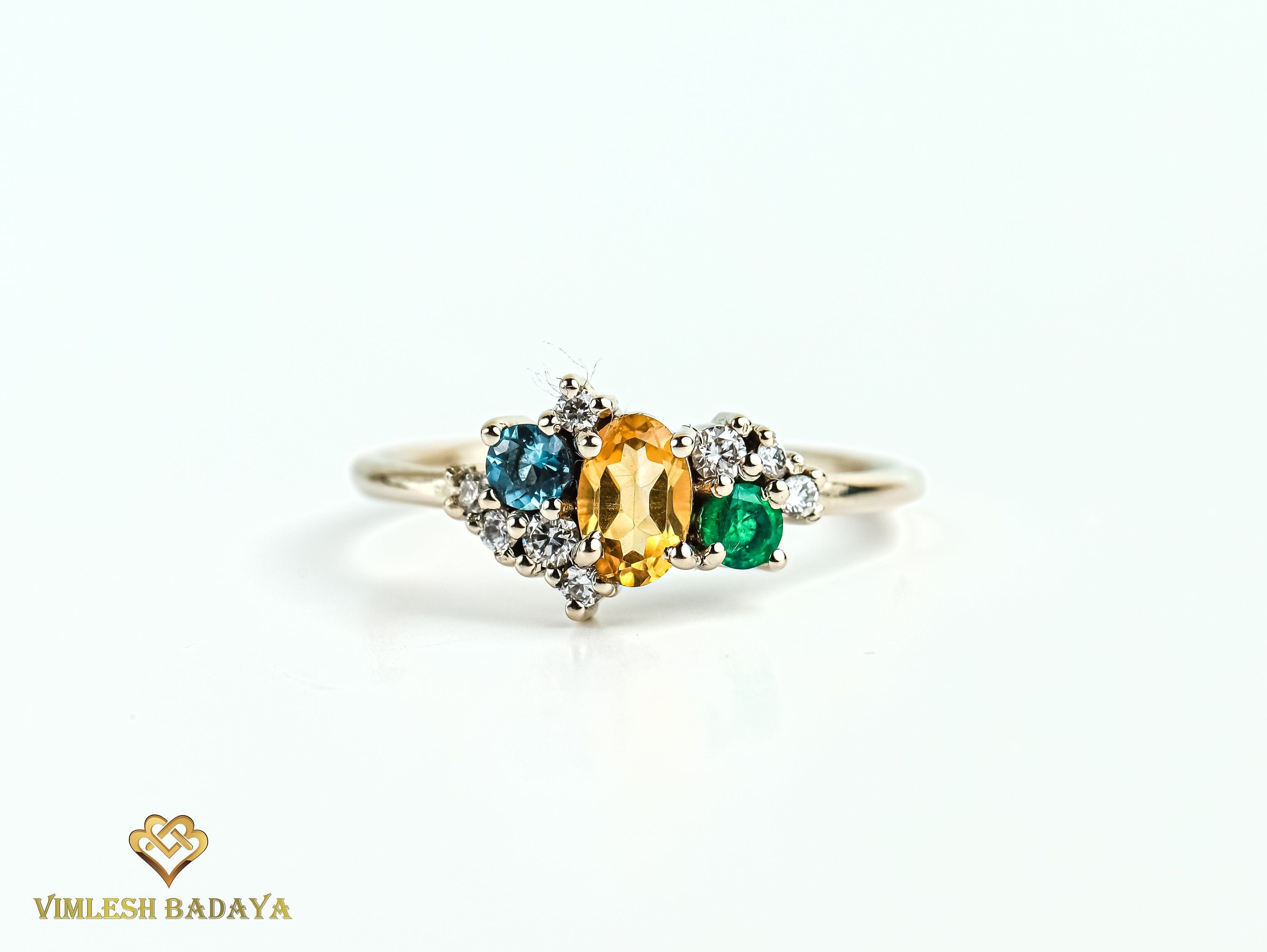 Citrine Emerald Aquamarine Cluster Ring | Oval Citrine, Round Emerald, Aquamarine & Diamond Engagement Ring -