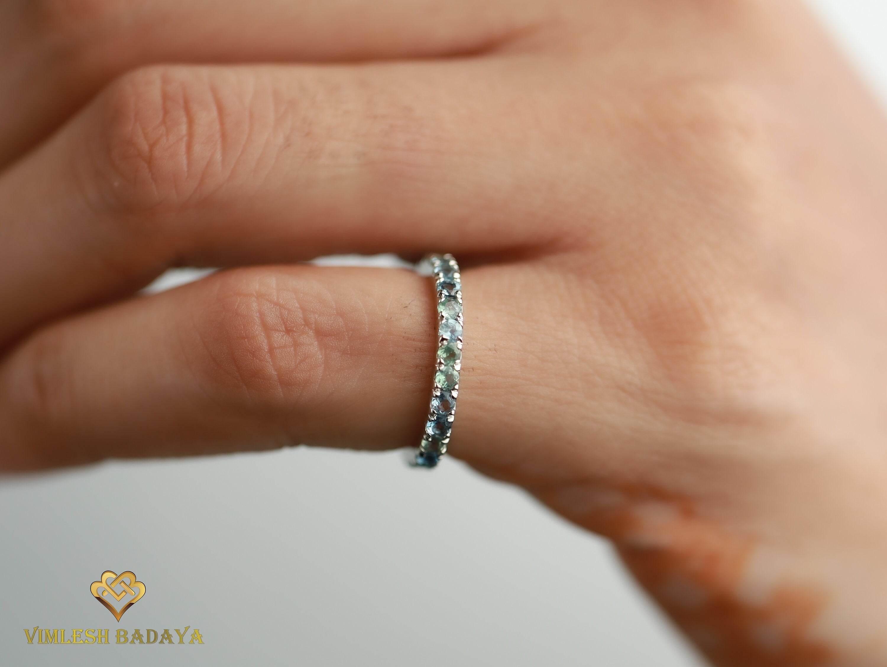 Alexandrite, Aquamarine & Blue Sapphire Full Eternity Ring | 2mm Blue Sapphire Minimalist Wedding Band -