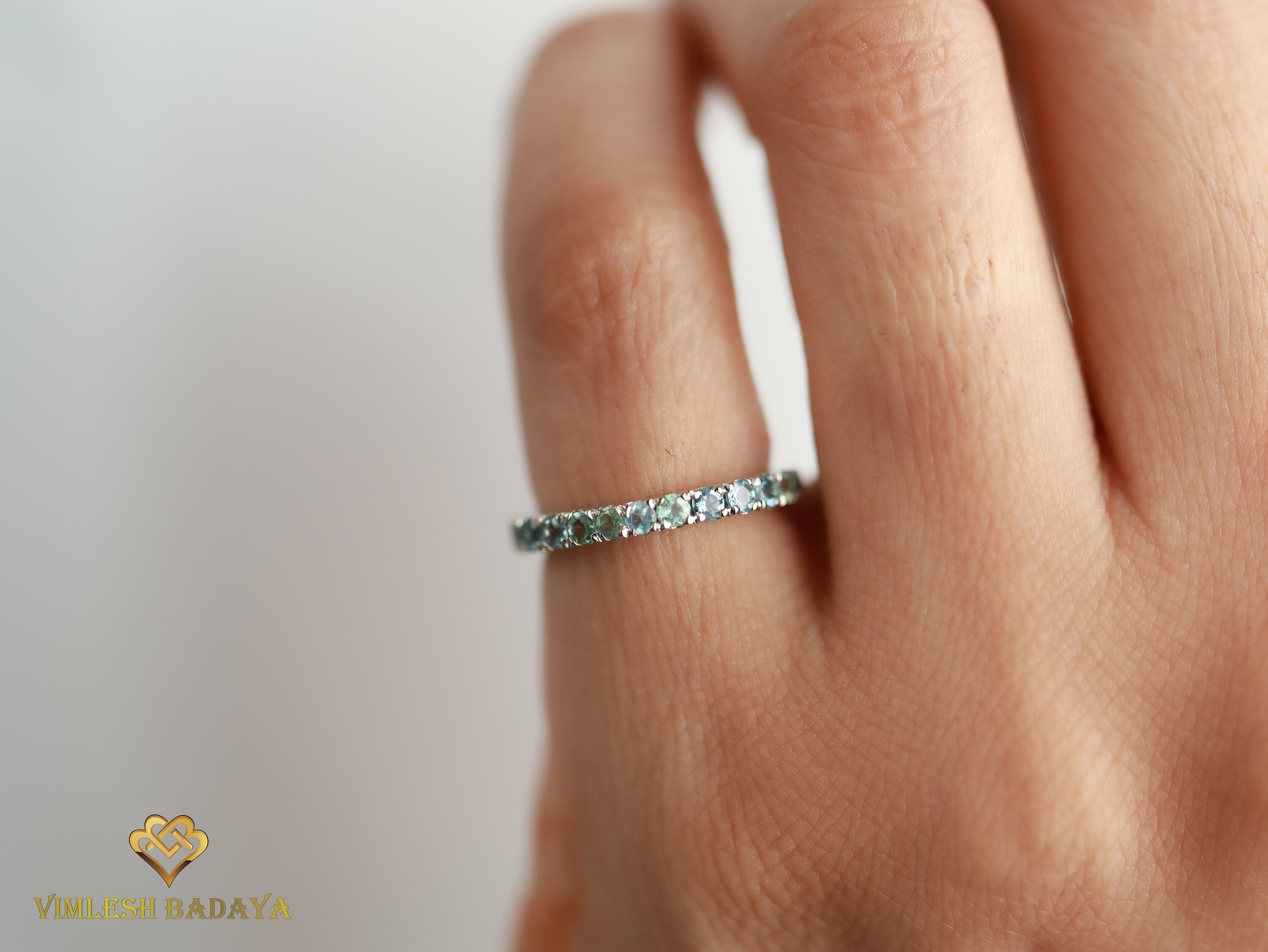 Alexandrite, Aquamarine & Blue Sapphire Full Eternity Ring | 2mm Blue Sapphire Minimalist Wedding Band -