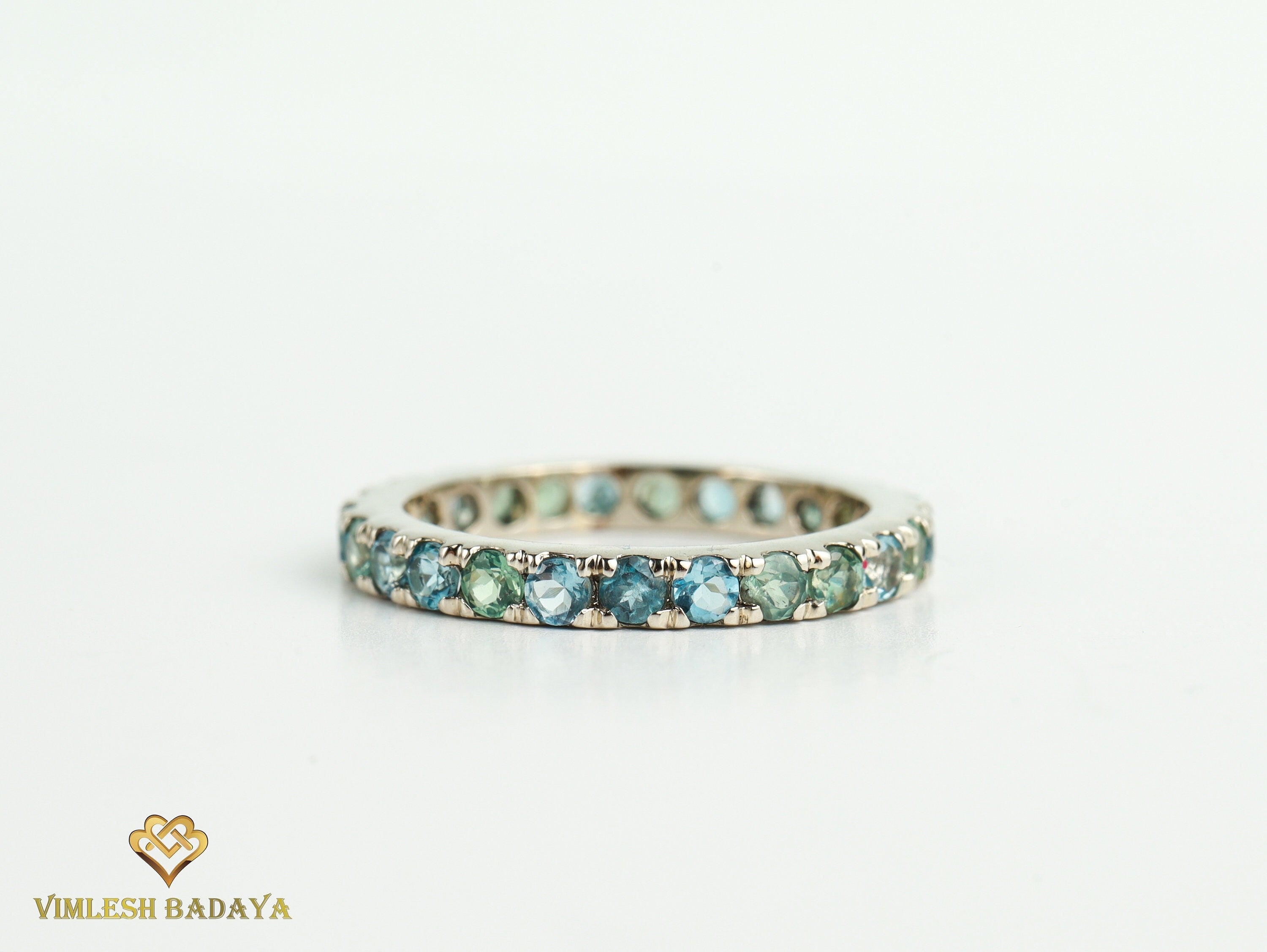 Alexandrite, Aquamarine & Blue Sapphire Full Eternity Ring | 2mm Blue Sapphire Minimalist Wedding Band -