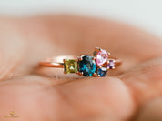 Teal Sapphire Cluster Engagement Ring | Pink Sapphire & Amethyst Gold Ring | Handmade Gift -