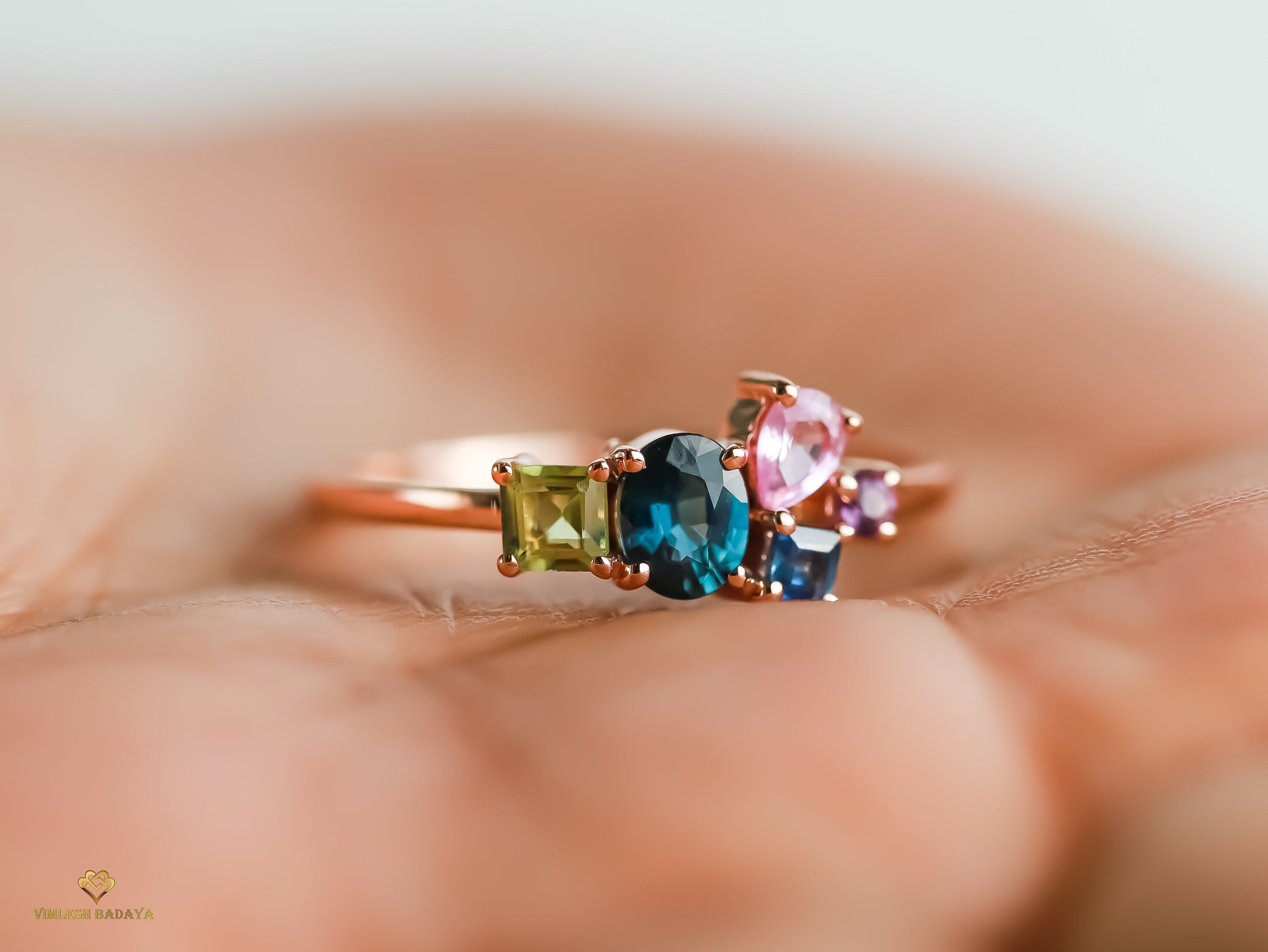 Teal Sapphire Cluster Engagement Ring | Pink Sapphire & Amethyst Gold Ring | Handmade Gift -