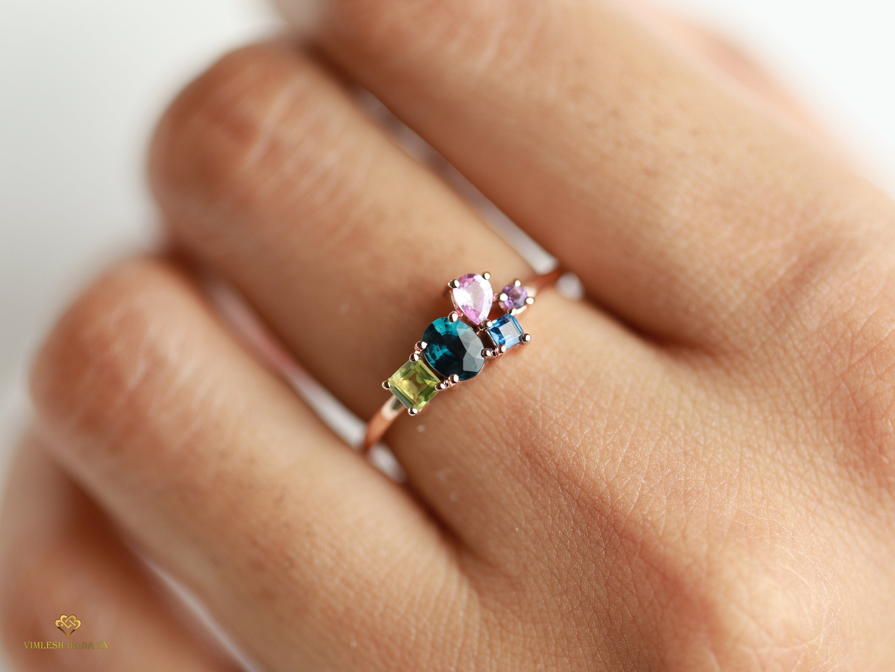 Teal Sapphire Cluster Engagement Ring | Pink Sapphire & Amethyst Gold Ring | Handmade Gift -
