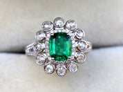 Natural Emerald & Diamond Halo Engagement Ring | 1.3ct Cushion Cut Emerald with Round Rose Cut Diamonds -