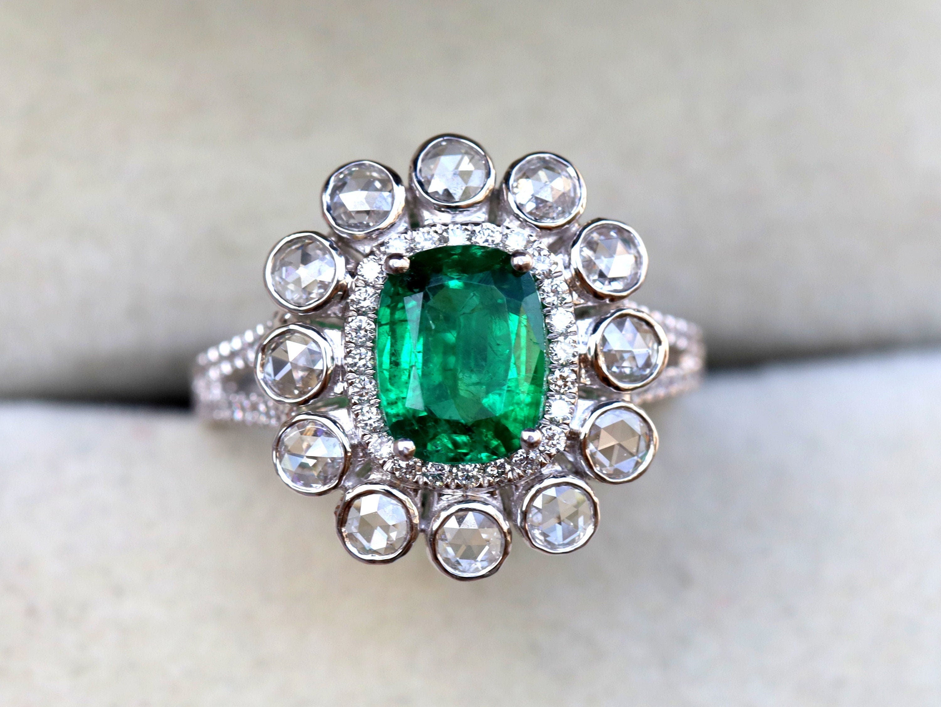 Natural Emerald & Diamond Halo Engagement Ring | 1.3ct Cushion Cut Emerald with Round Rose Cut Diamonds -