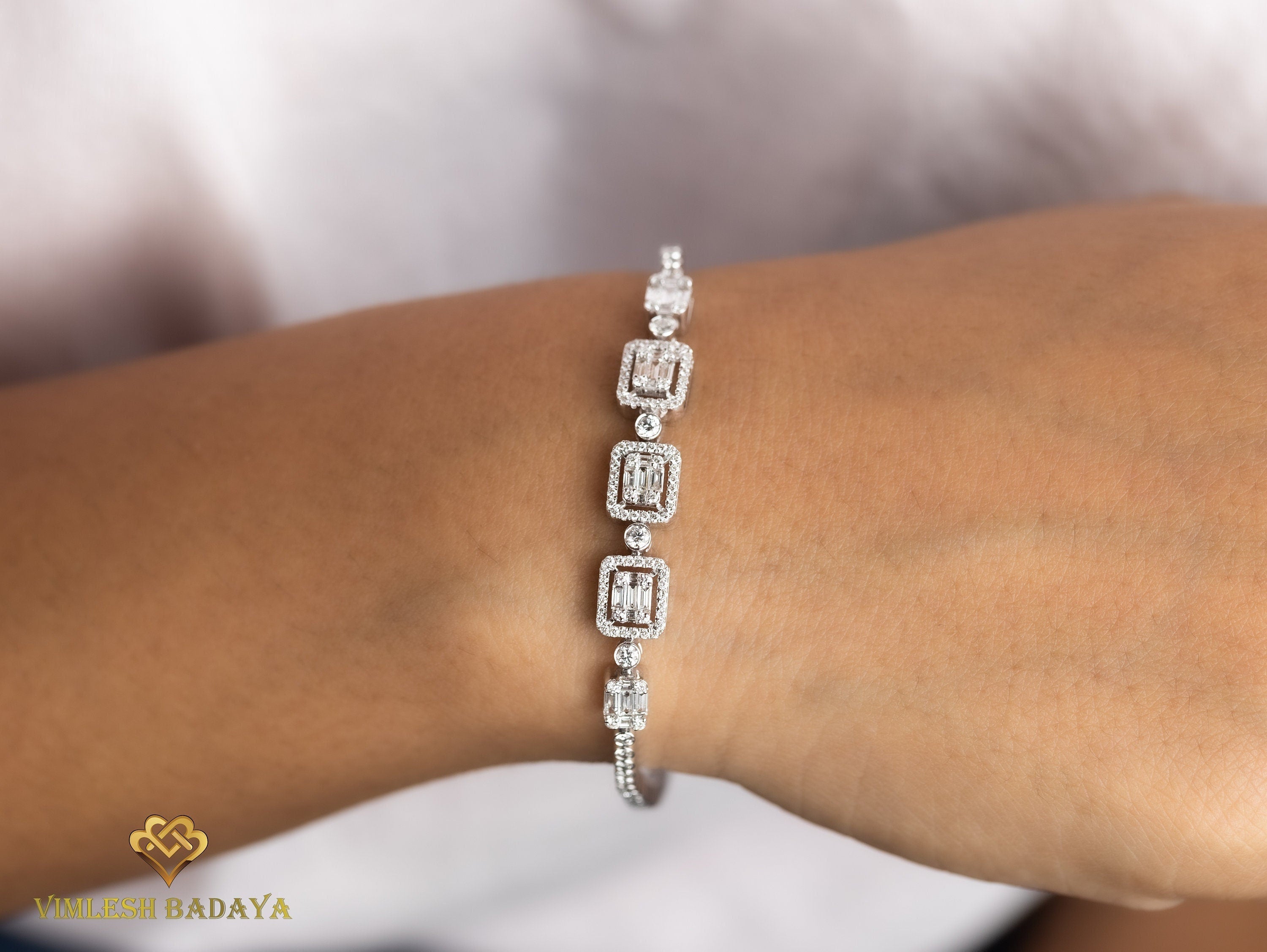 Lab Grown Diamond Bracelet | Round & Baguette Cut Diamonds | Prong Illusion Set Eternity Bracelet for Her -