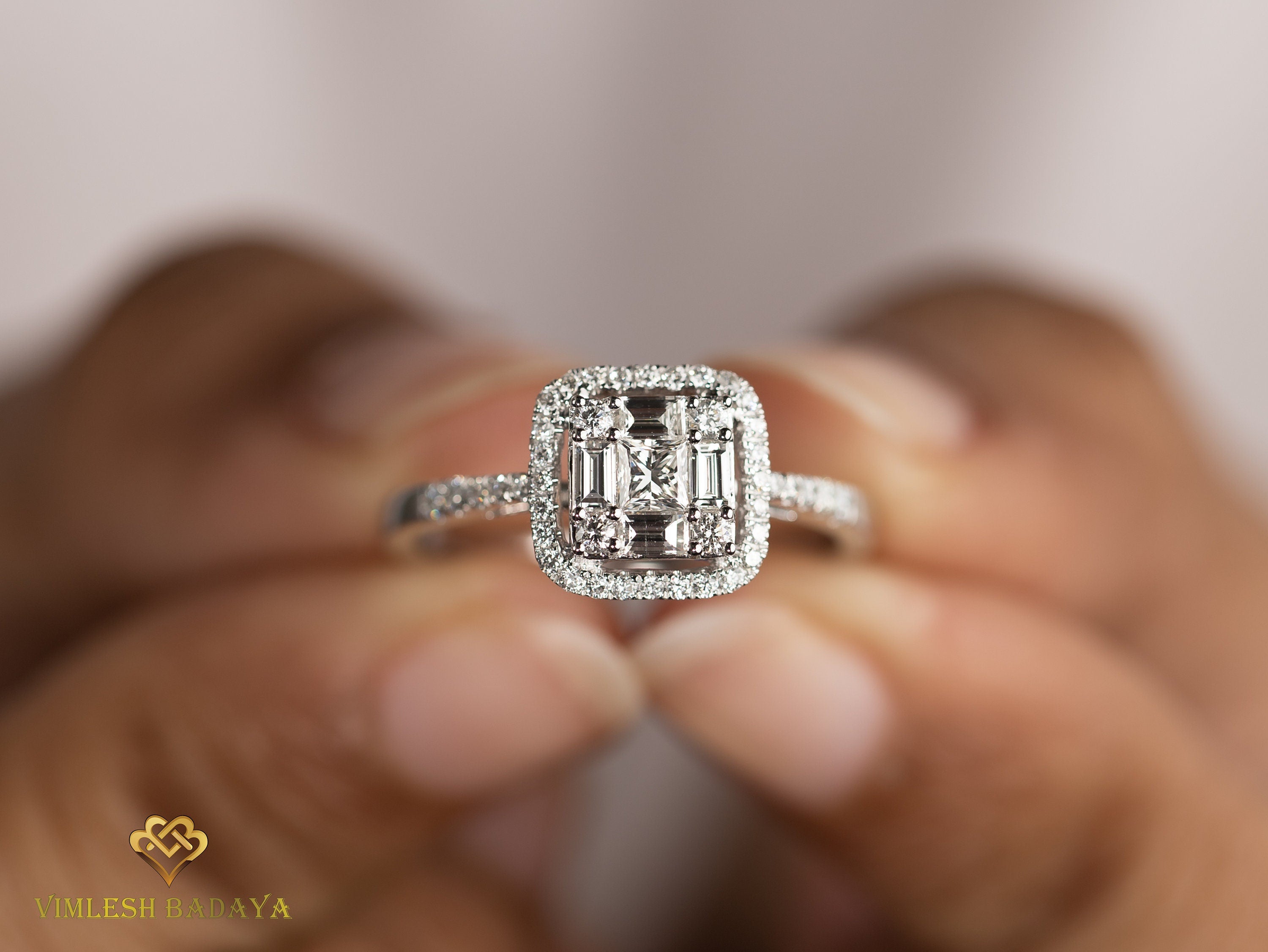 Diamond Baguette Princess Cut Ring | Illusion Setting Unique Engagement Ring | Statement Anniversary Ring -