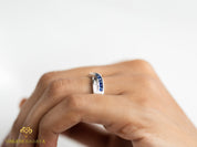 Blue Sapphire & Diamond Wedding Band | Princess Cut Sapphire | Diamond Baguette Ring -