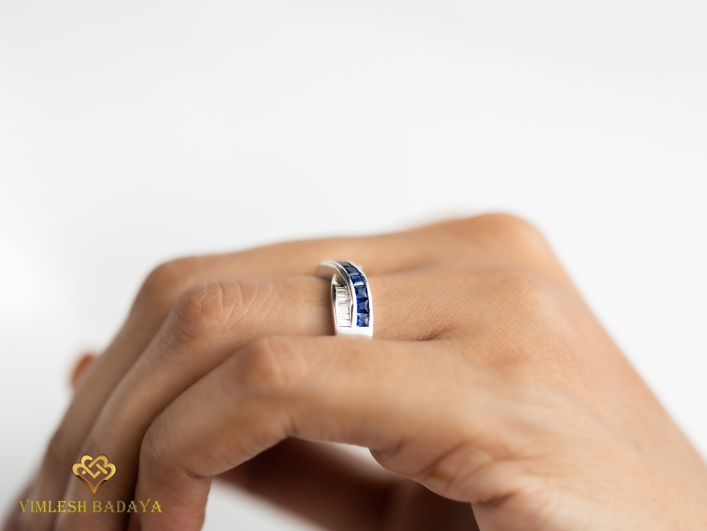 Blue Sapphire & Diamond Wedding Band | Princess Cut Sapphire | Diamond Baguette Ring -