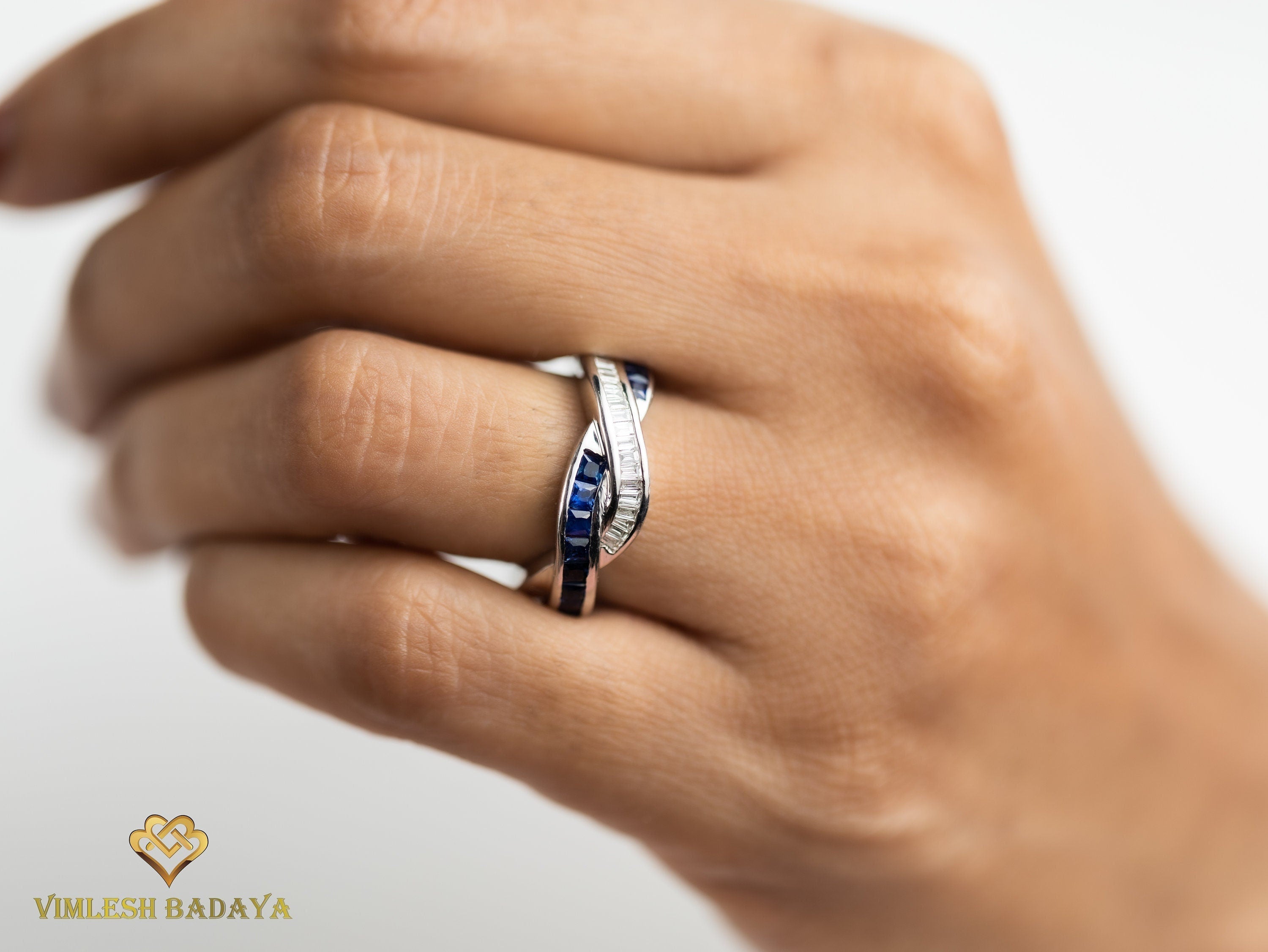 Blue Sapphire & Diamond Wedding Band | Princess Cut Sapphire | Diamond Baguette Ring -