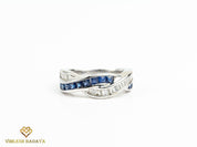 Blue Sapphire & Diamond Wedding Band | Princess Cut Sapphire | Diamond Baguette Ring -