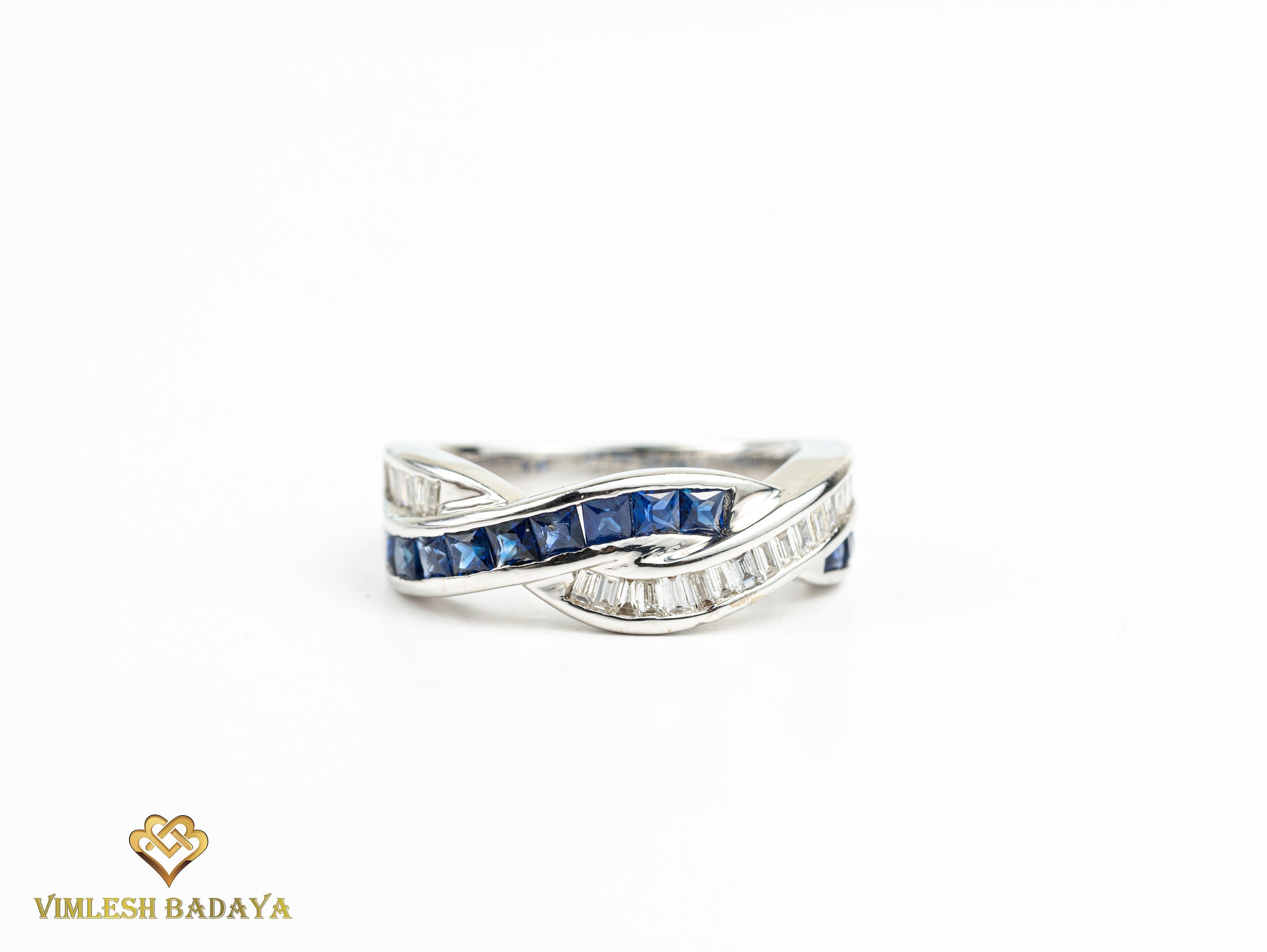 Blue Sapphire & Diamond Wedding Band | Princess Cut Sapphire | Diamond Baguette Ring -