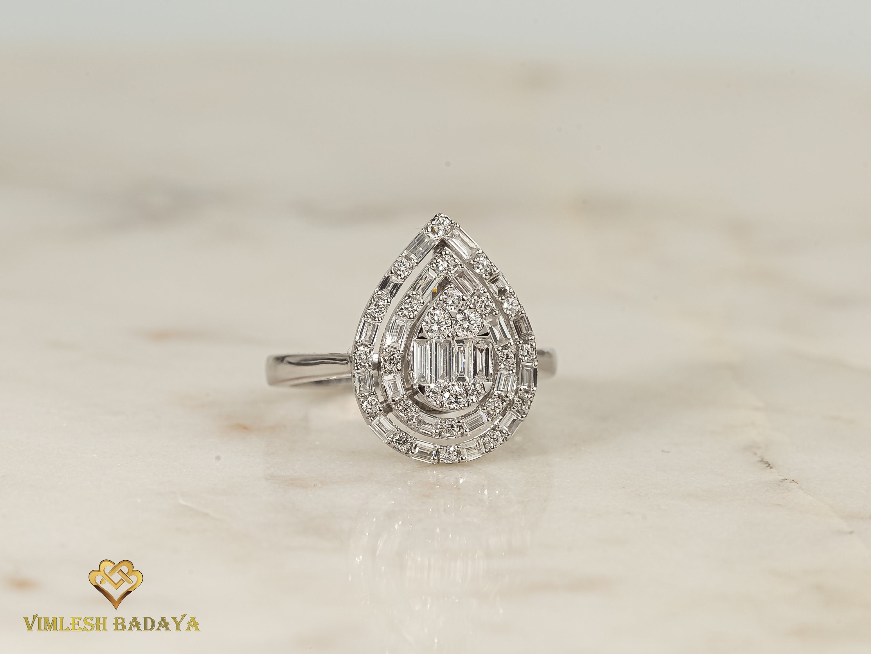 Pear Diamond Baguette Cut Ring | Illusion Setting | Unique Diamond Engagement Ring -