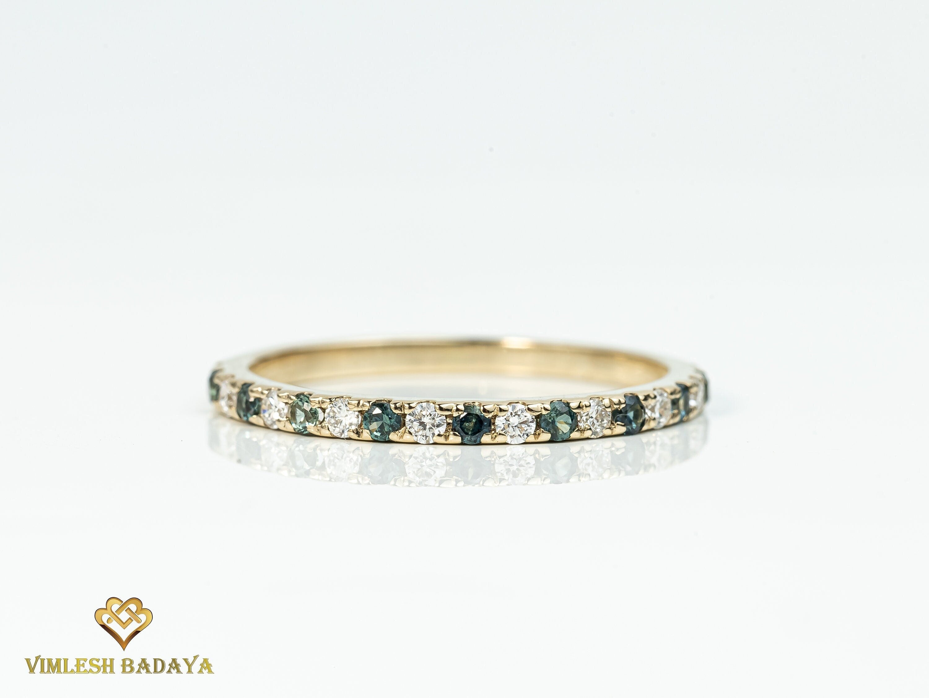 Teal Sapphire Diamond Wedding Band | Minimalist Stacking Ring | Half Eternity Peacock Sapphire Ring -