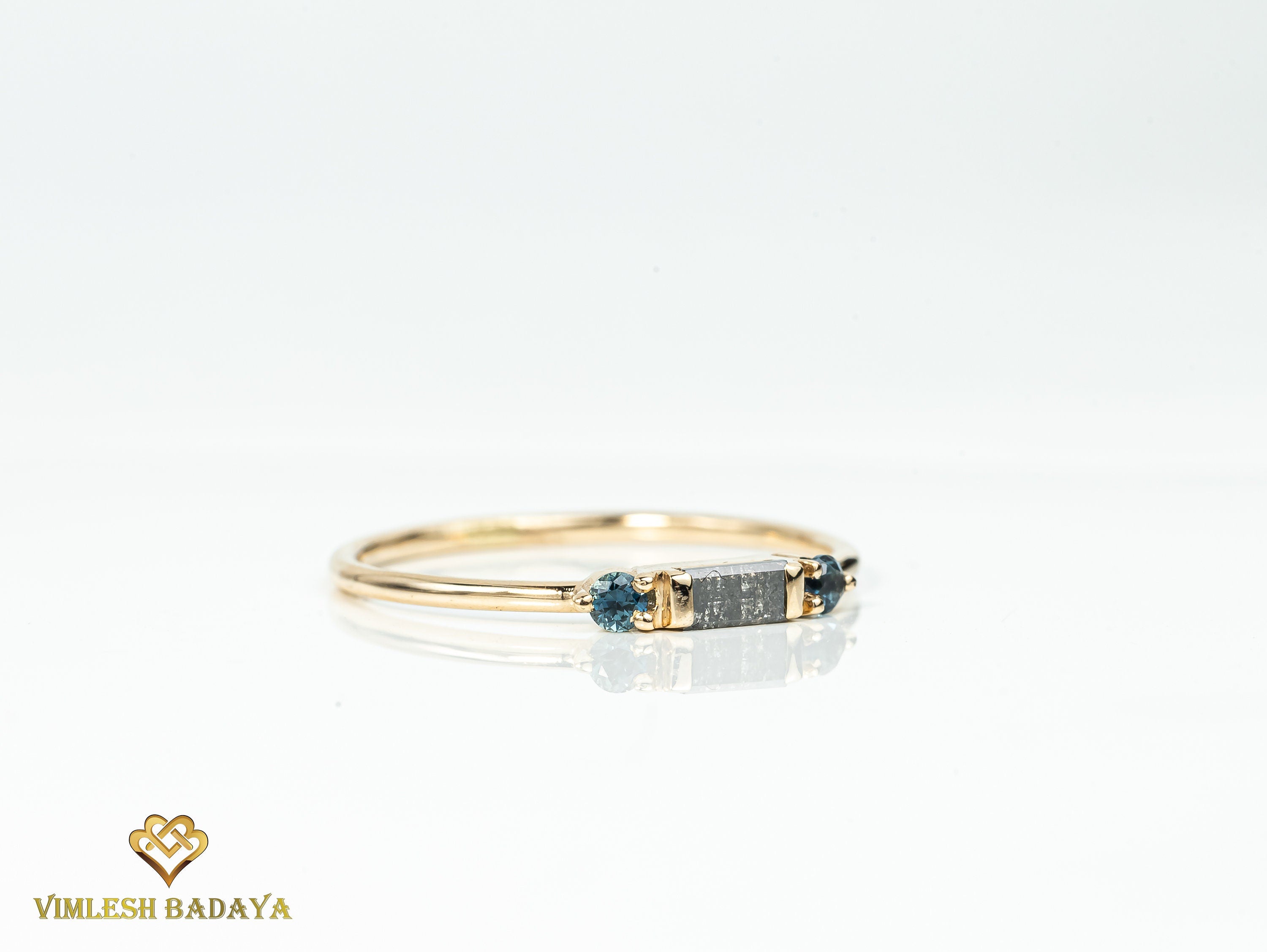 Gray Diamond Teal Sapphire Ring | Baguette and Round Cut Sapphire Stacking Ring -