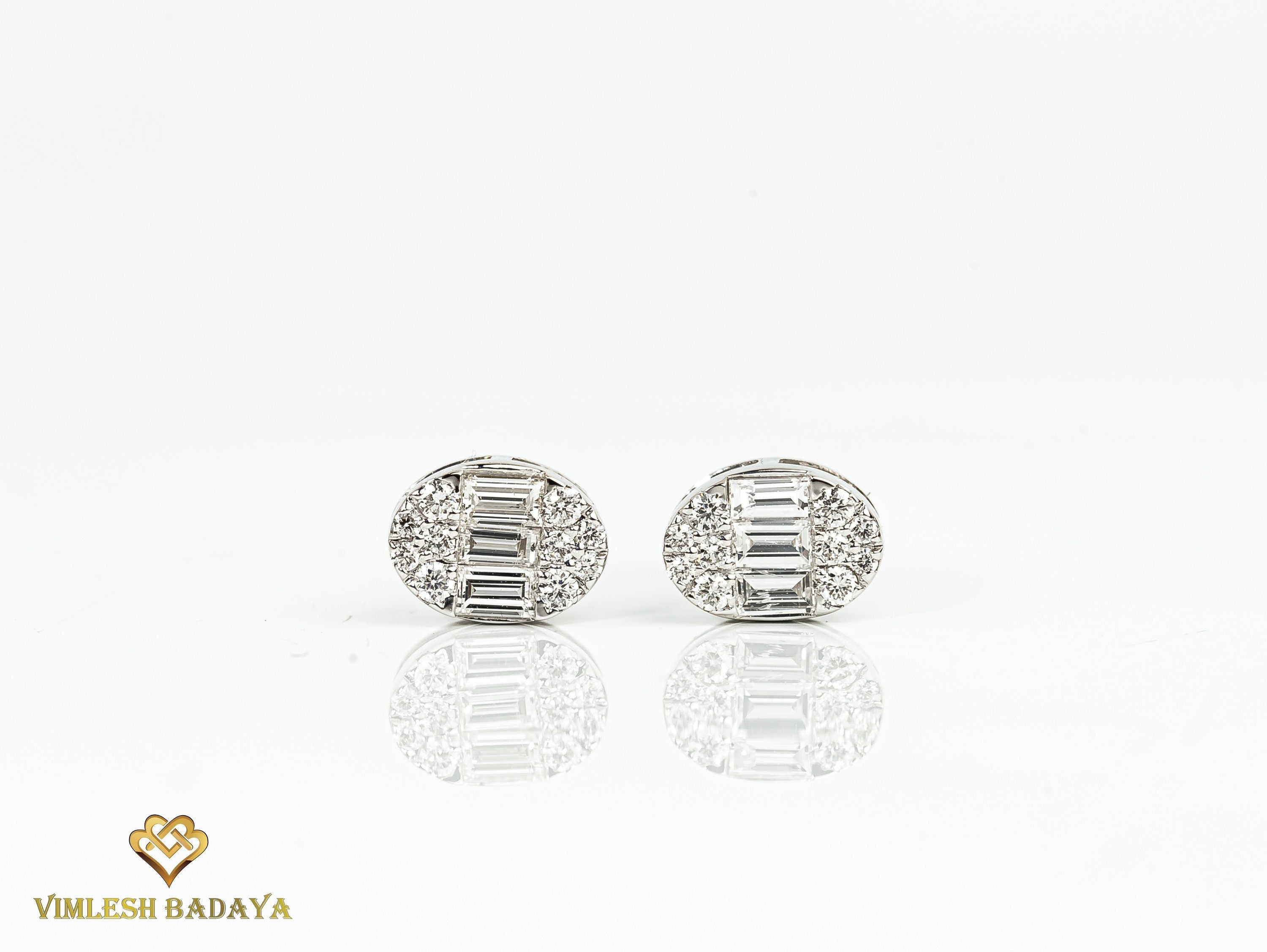 Diamond Oval Stud Earrings | Invisible Set Gold Baguette & Round Diamonds | Bridal Gift for Her -