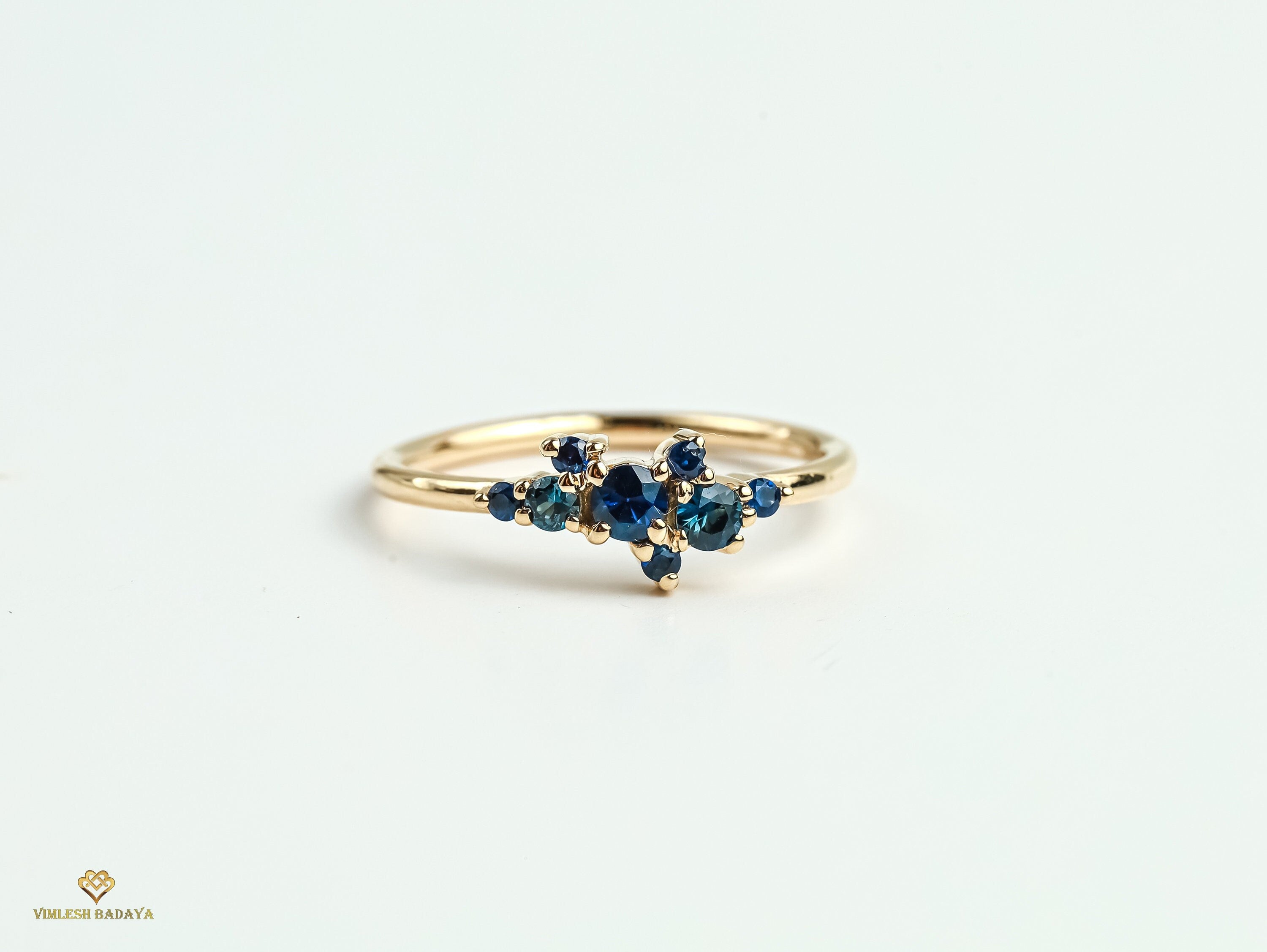 Blue Sapphire Cluster Engagement Ring | September Birthstone Handmade Cluster Ring -