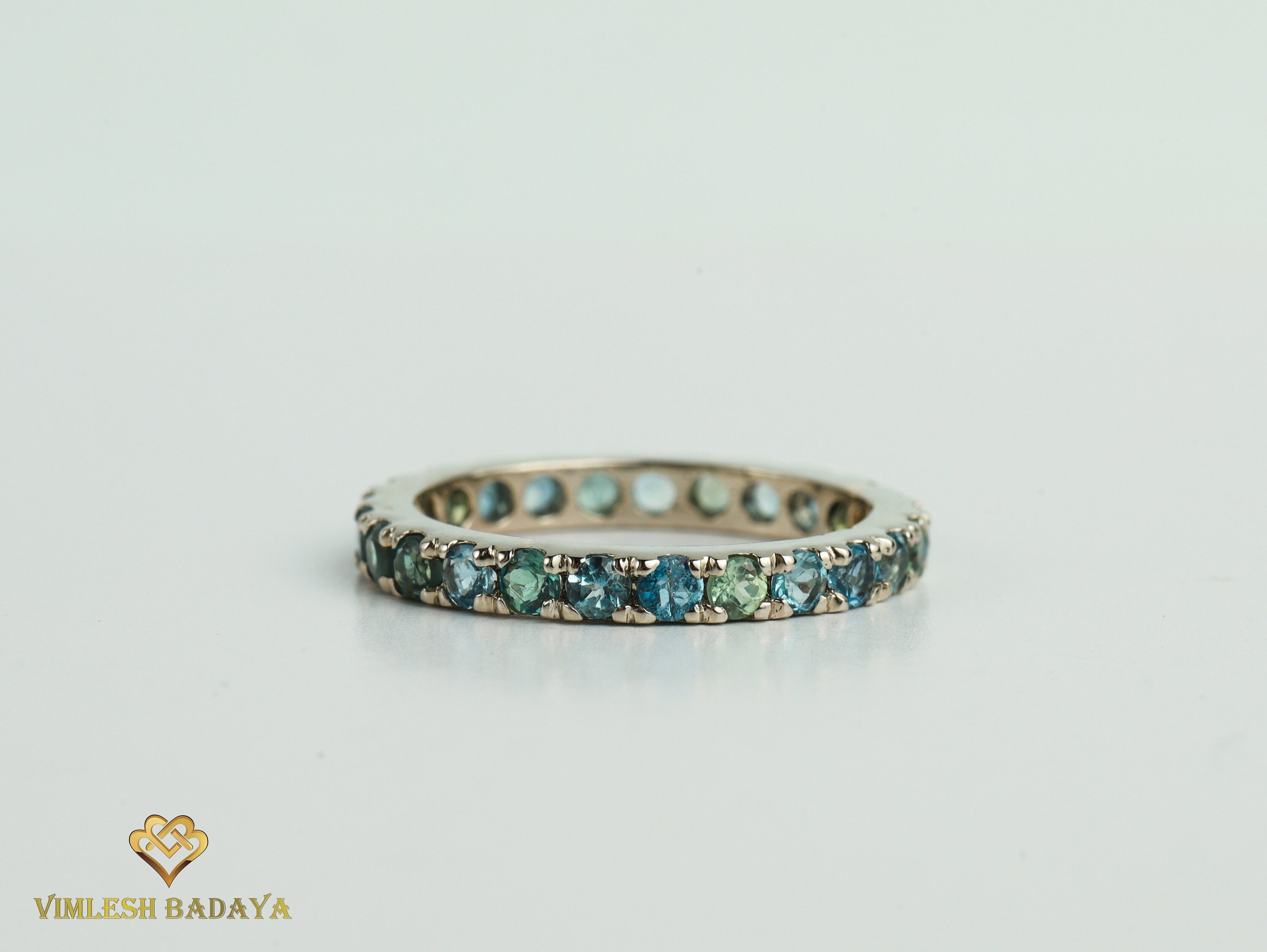 Alexandrite, Aquamarine & Blue Sapphire Full Eternity Ring | 2mm Blue Sapphire Minimalist Wedding Band -