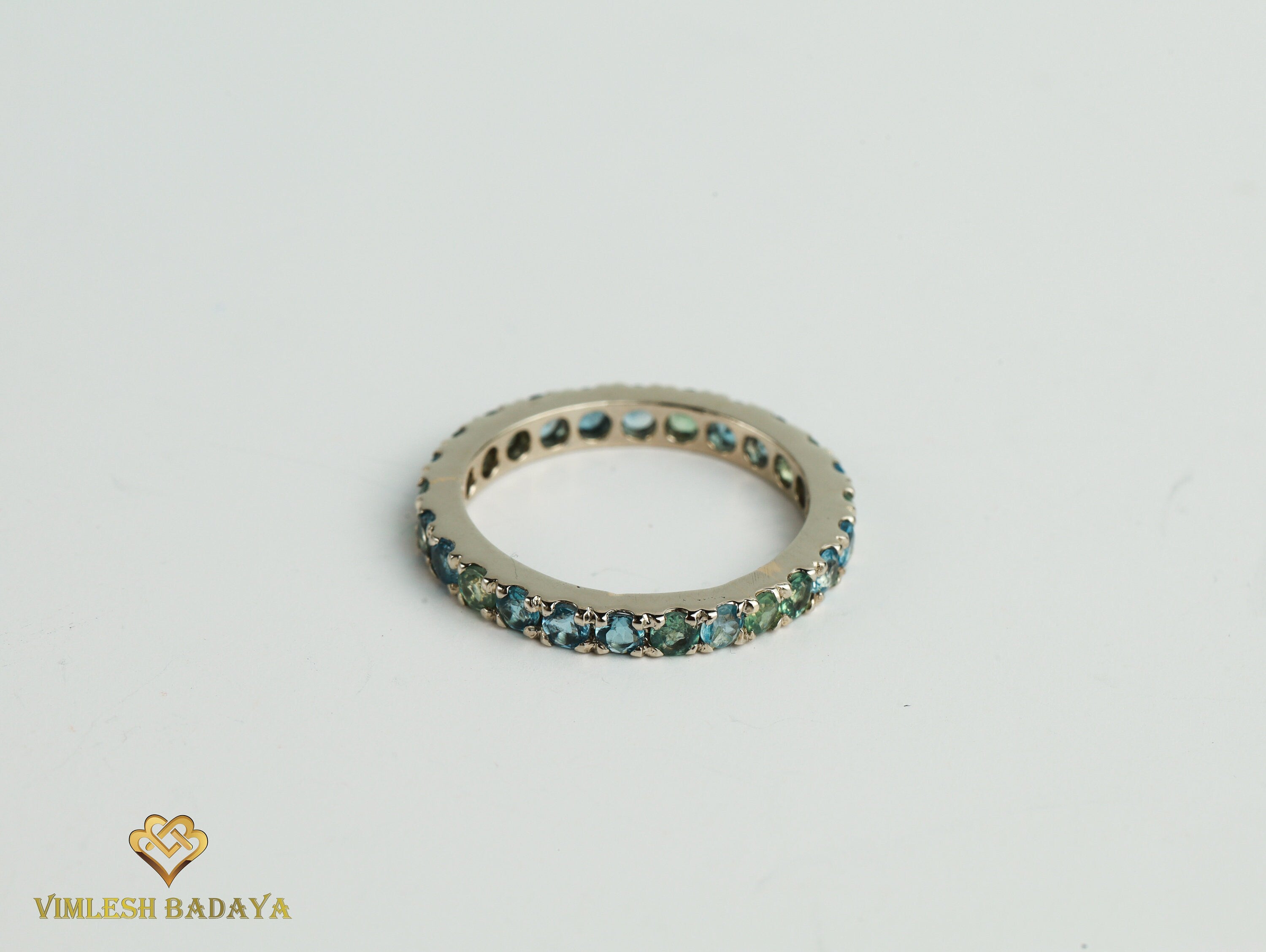 Alexandrite, Aquamarine & Blue Sapphire Full Eternity Ring | 2mm Blue Sapphire Minimalist Wedding Band -