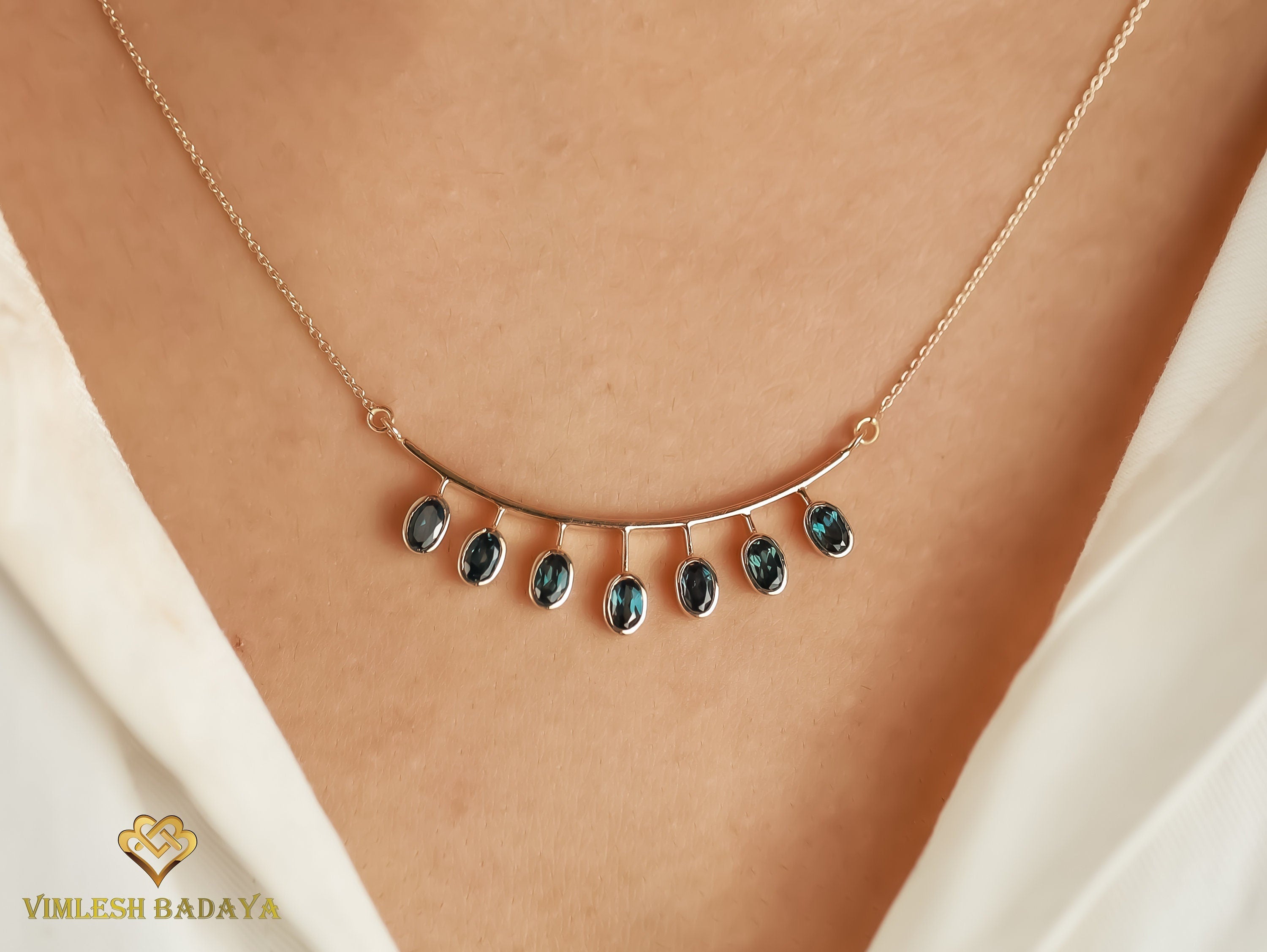 Oval Teal Sapphire Necklace | Dainty Sapphire Necklace | Handmade Solid Gold Minimalist Jewelry | September Birthstone -