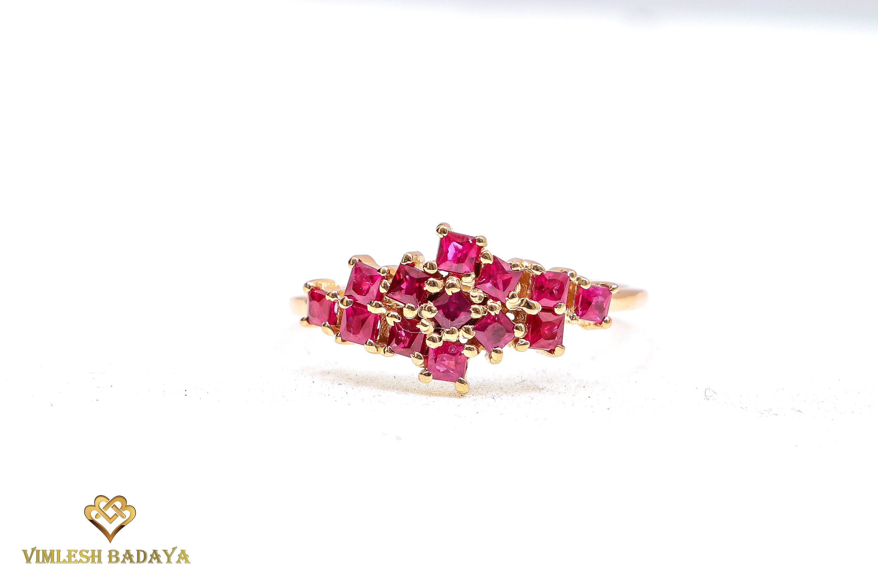 Red Ruby Princess Cluster Ring | Ruby Engagement Ring | July Birthstone Anniversary Gift -