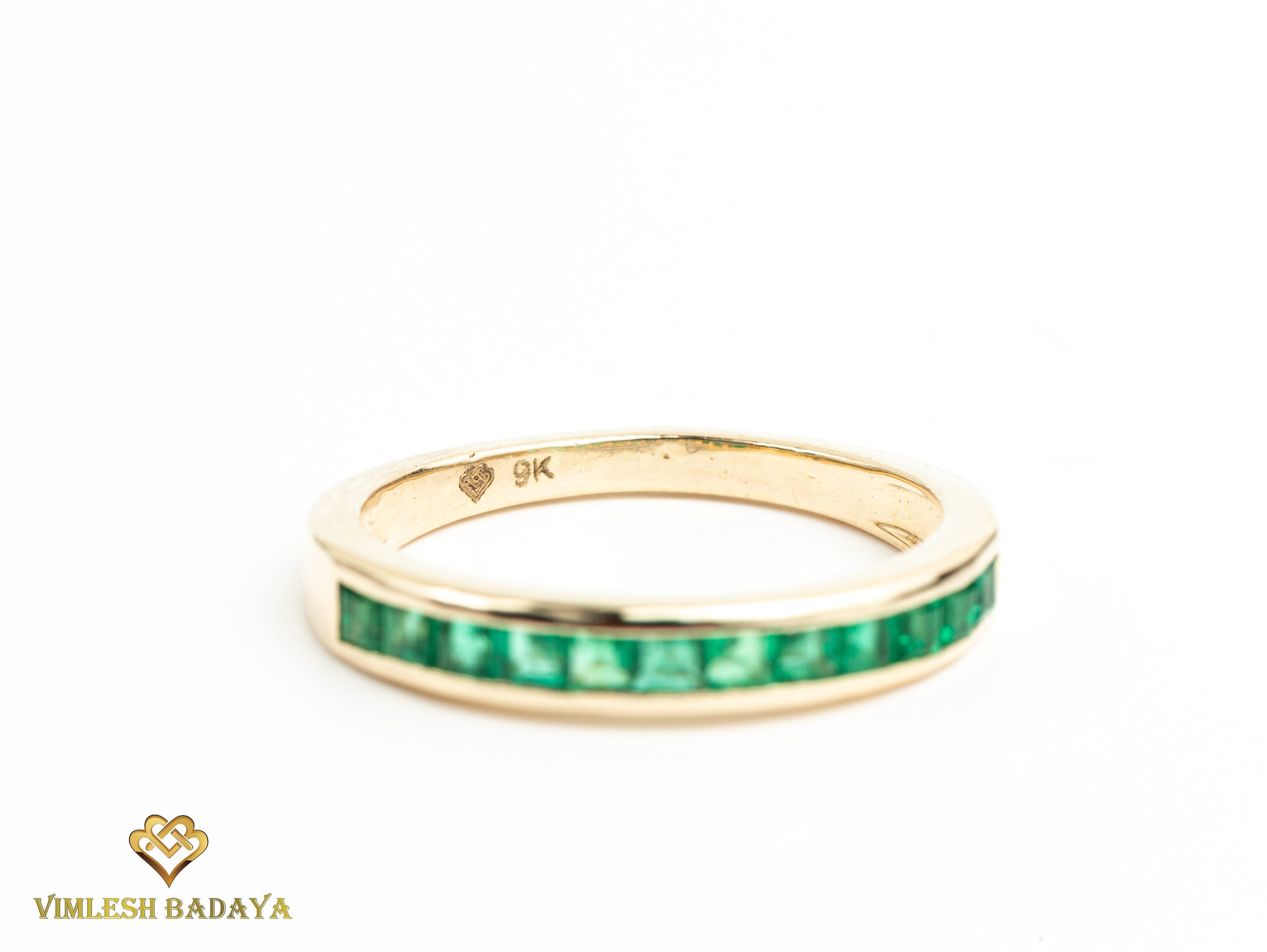 Princess Cut Emerald Wedding Ring | Zambian Emerald Half Eternity Band | May Birthstone Ring -