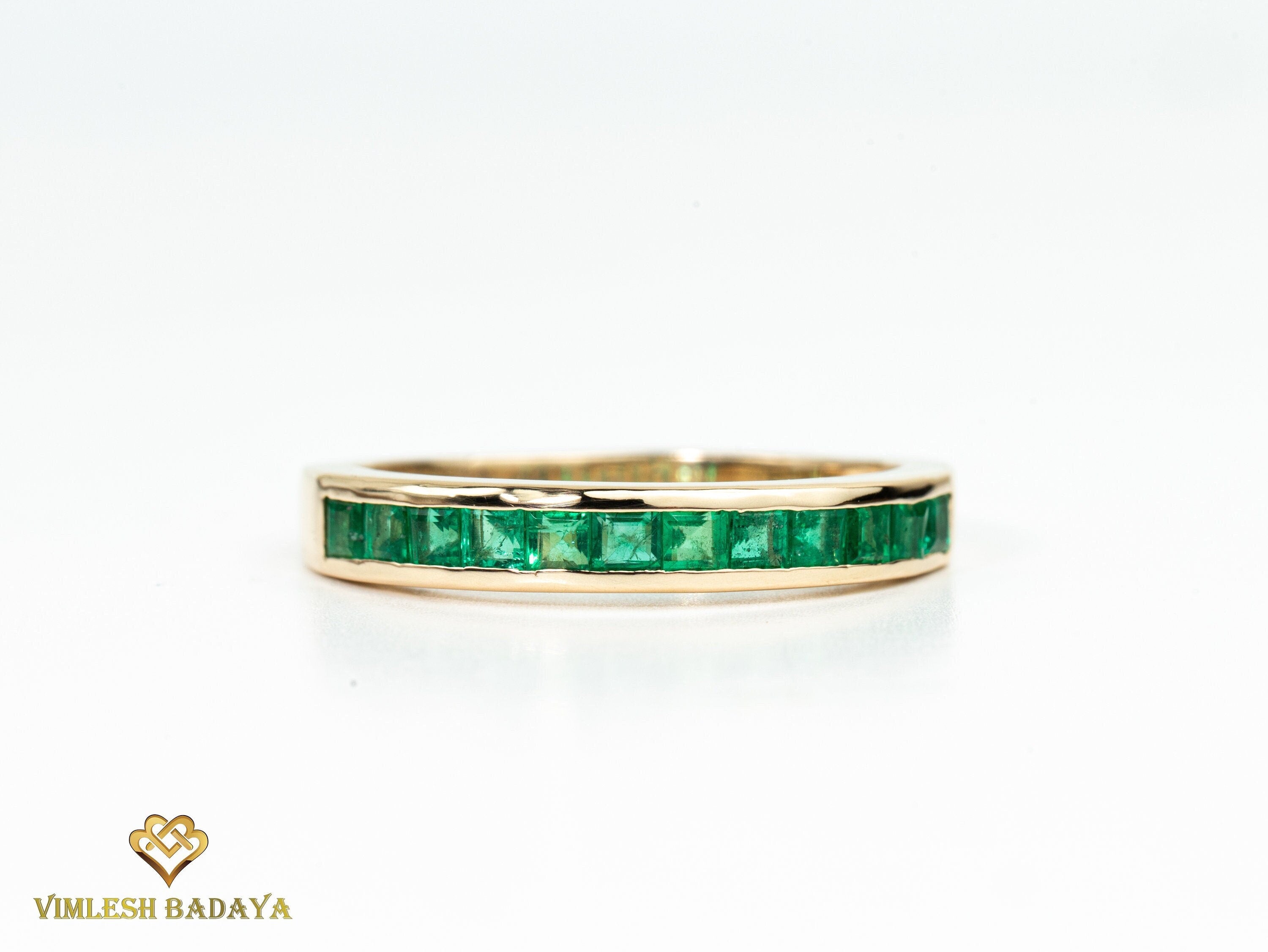Princess Cut Emerald Wedding Ring | Zambian Emerald Half Eternity Band | May Birthstone Ring -
