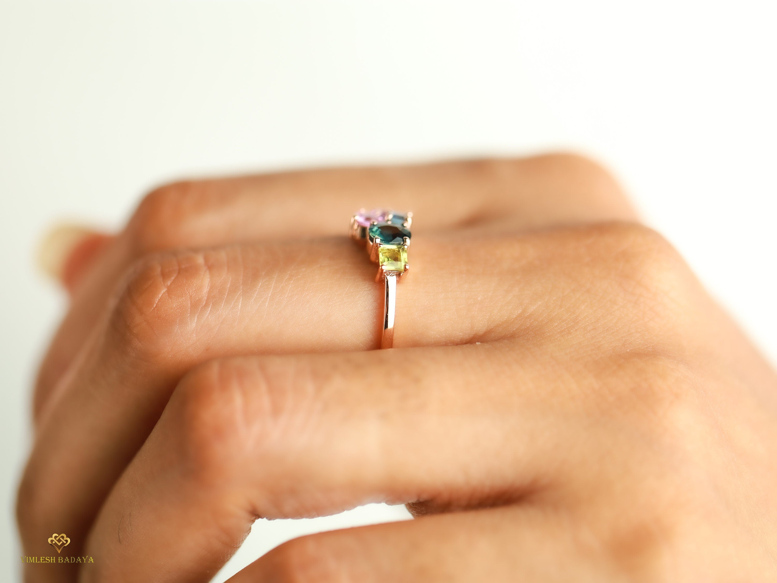 Teal Sapphire Cluster Engagement Ring | Pink Sapphire & Amethyst Gold Ring | Handmade Gift -