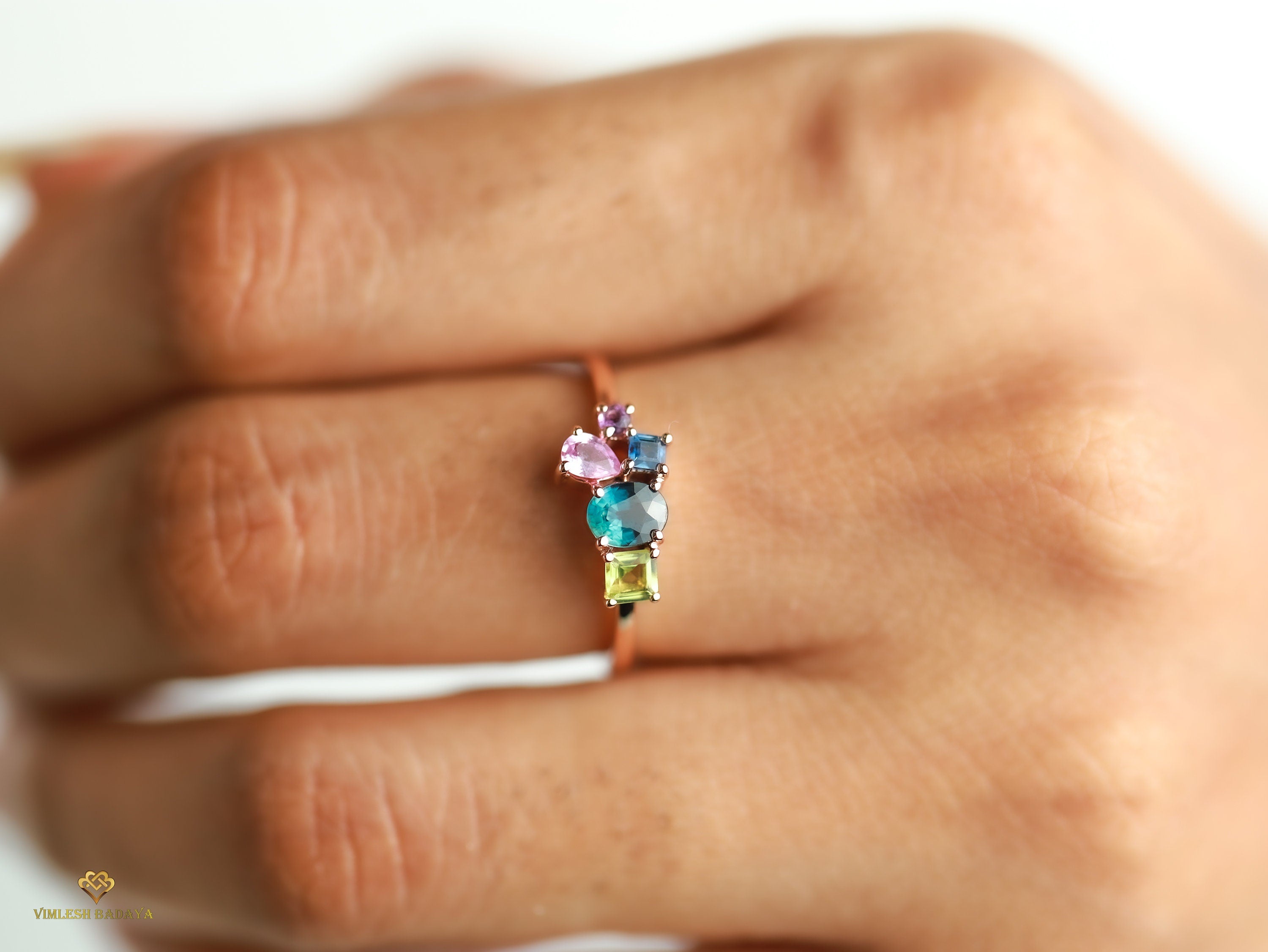 Teal Sapphire Cluster Engagement Ring | Pink Sapphire & Amethyst Gold Ring | Handmade Gift -