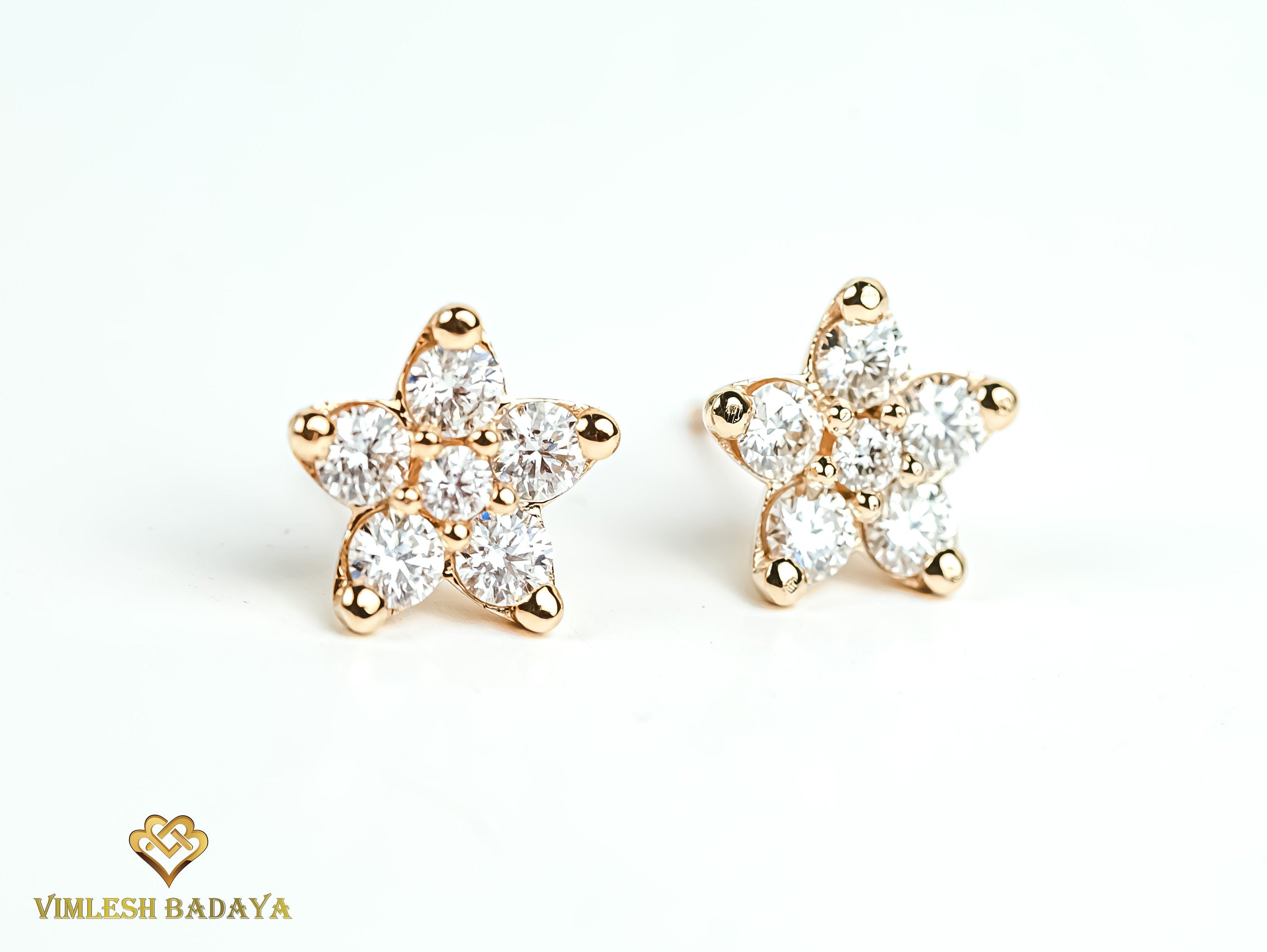 1.7 TCW Solid Gold Flower Diamond Stud Earrings | Round Diamond Studs | Anniversary Gift for Her -