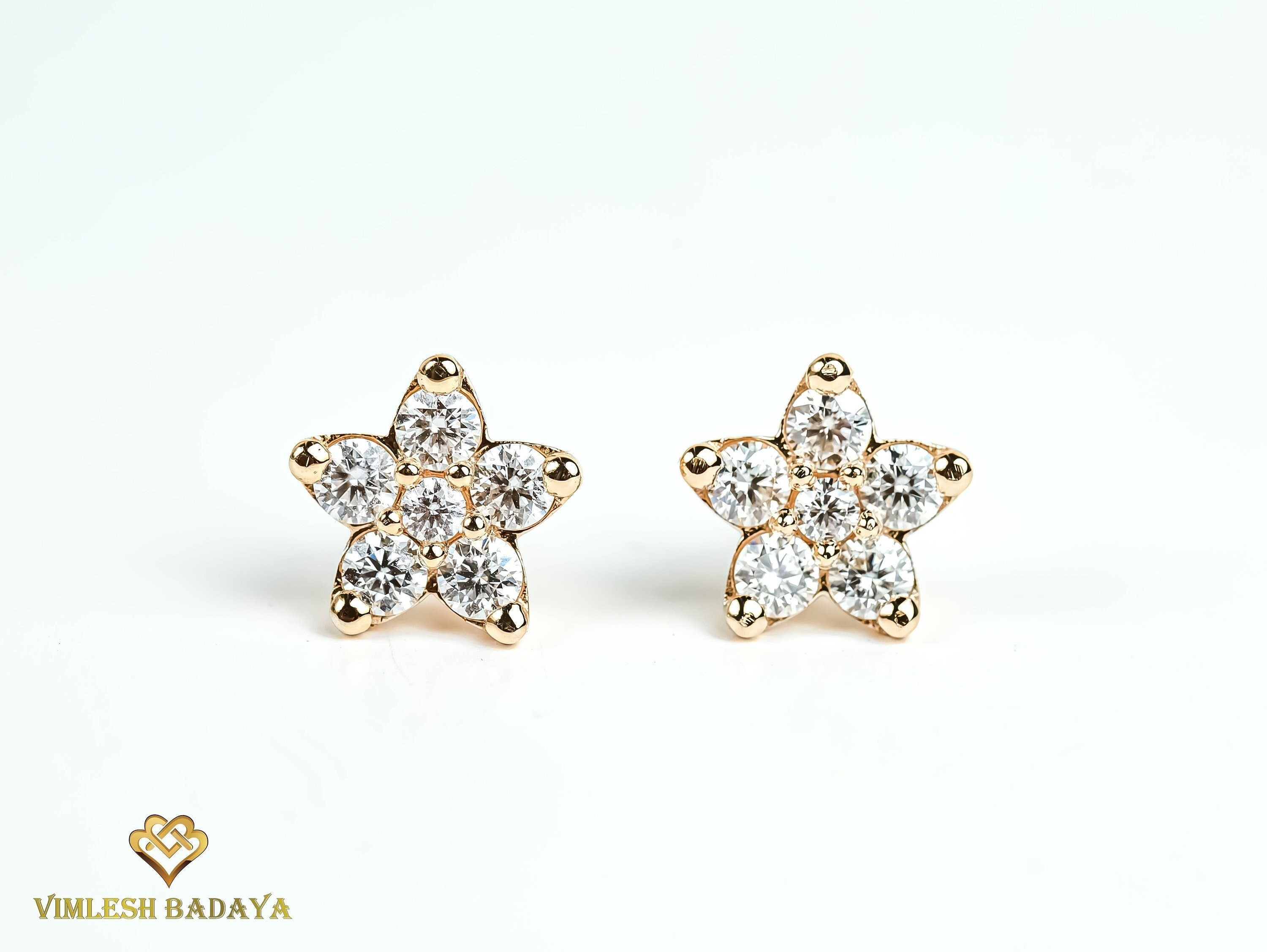 1.7 TCW Solid Gold Flower Diamond Stud Earrings | Round Diamond Studs | Anniversary Gift for Her -