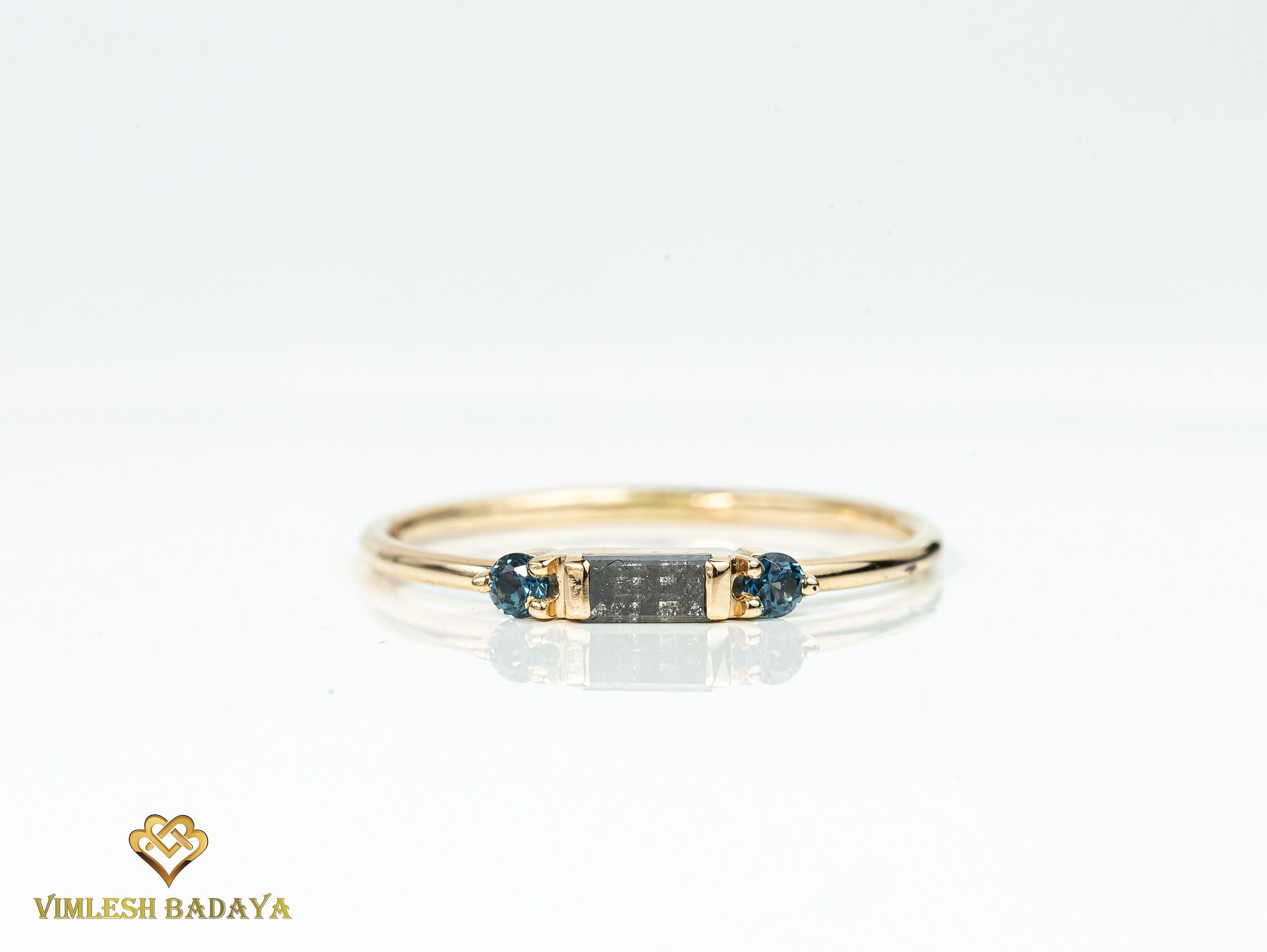 Gray Diamond Teal Sapphire Ring | Baguette and Round Cut Sapphire Stacking Ring -