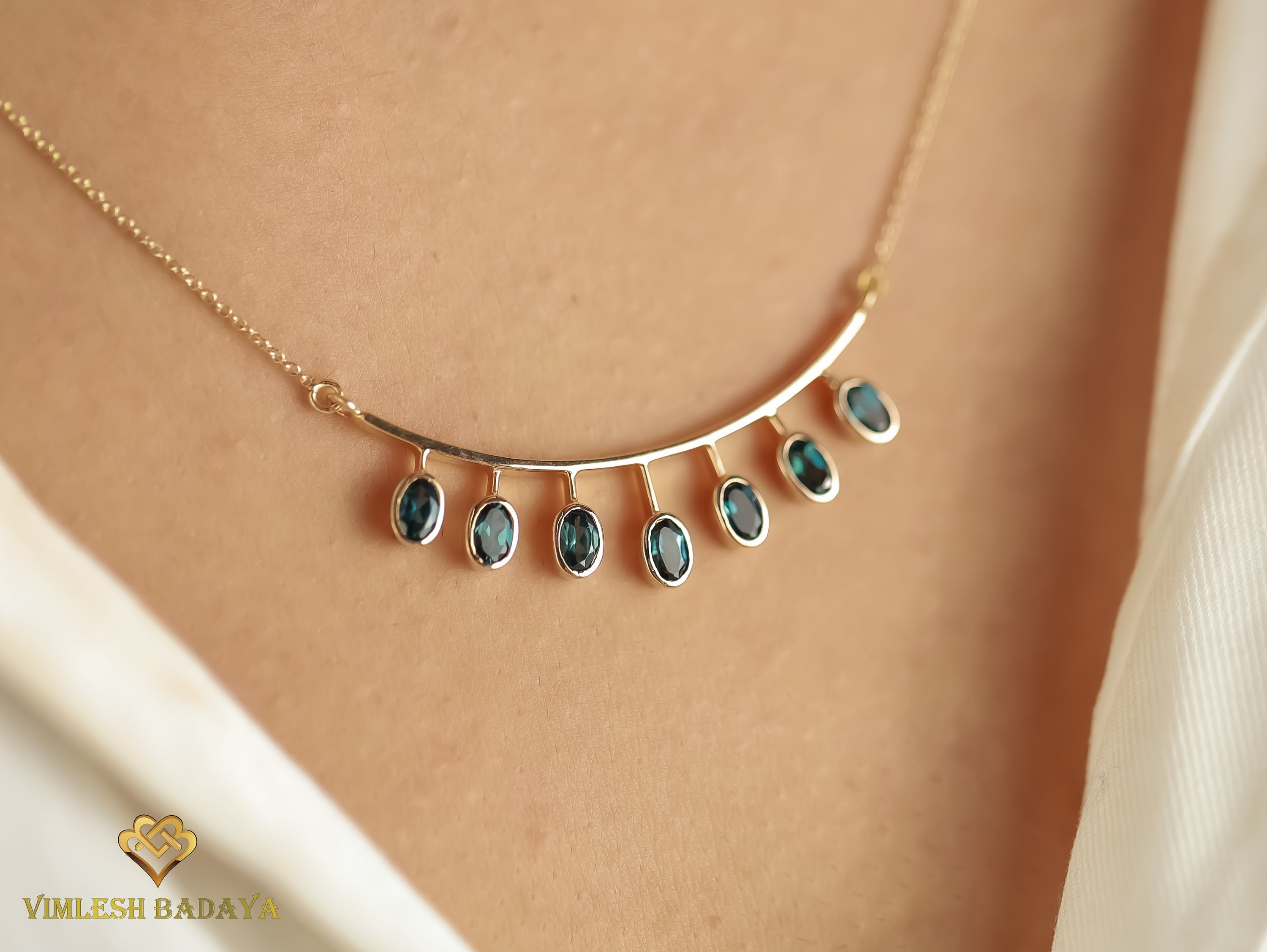 Oval Teal Sapphire Necklace | Dainty Sapphire Necklace | Handmade Solid Gold Minimalist Jewelry | September Birthstone -