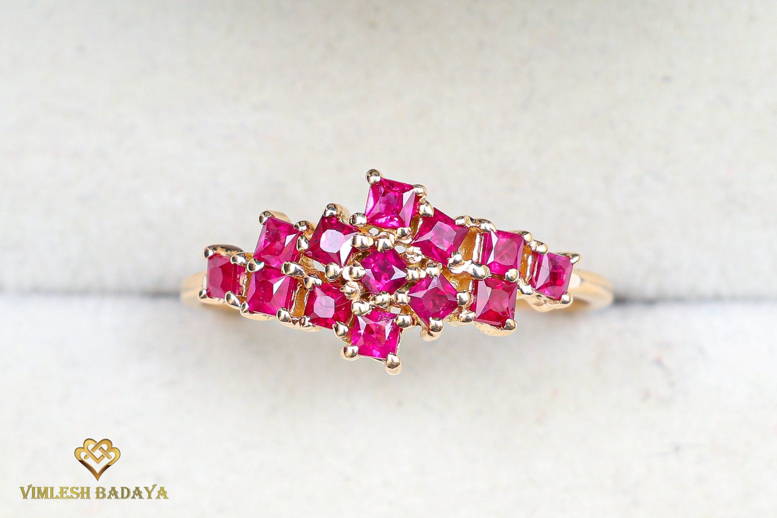 Red Ruby Princess Cluster Ring | Ruby Engagement Ring | July Birthstone Anniversary Gift -