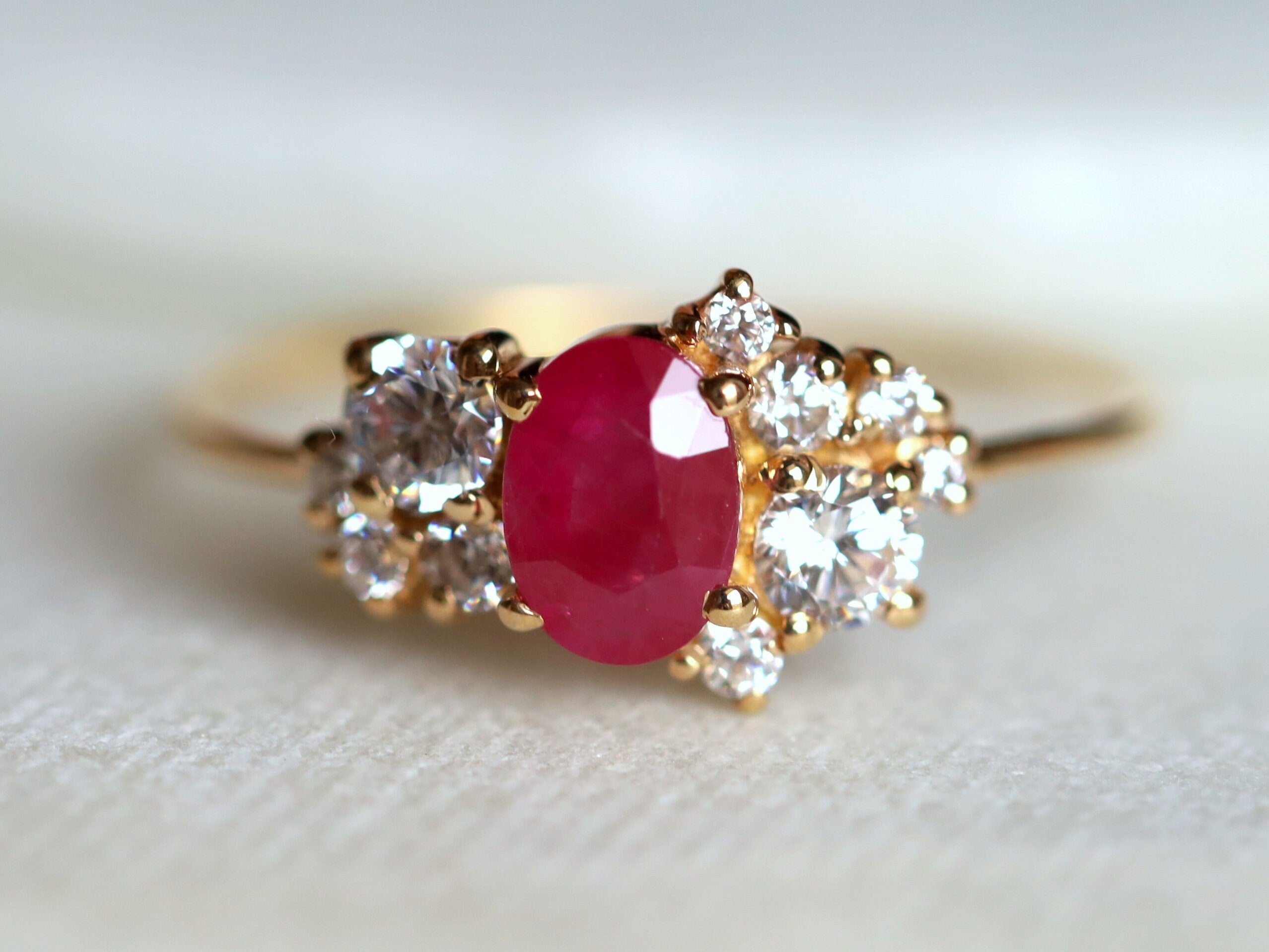 Ruby Diamond Cluster Engagement Ring | Oval Red Ruby with Diamond Halo | Anniversary Gift -