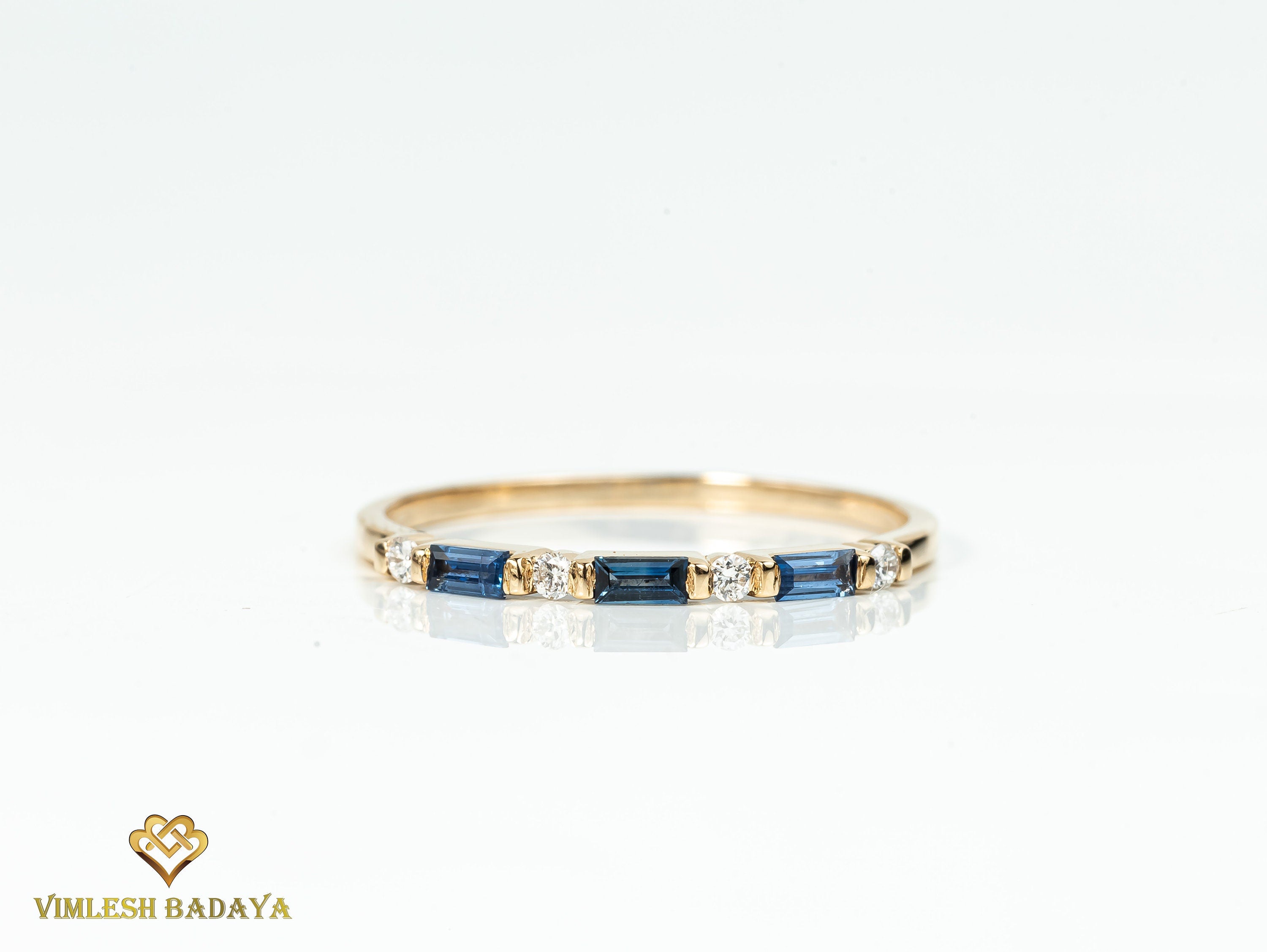 Solid Gold Sapphire Baguette Ring | Sapphire Stacking Eternity Ring | Dainty Minimalist Wedding Ring -