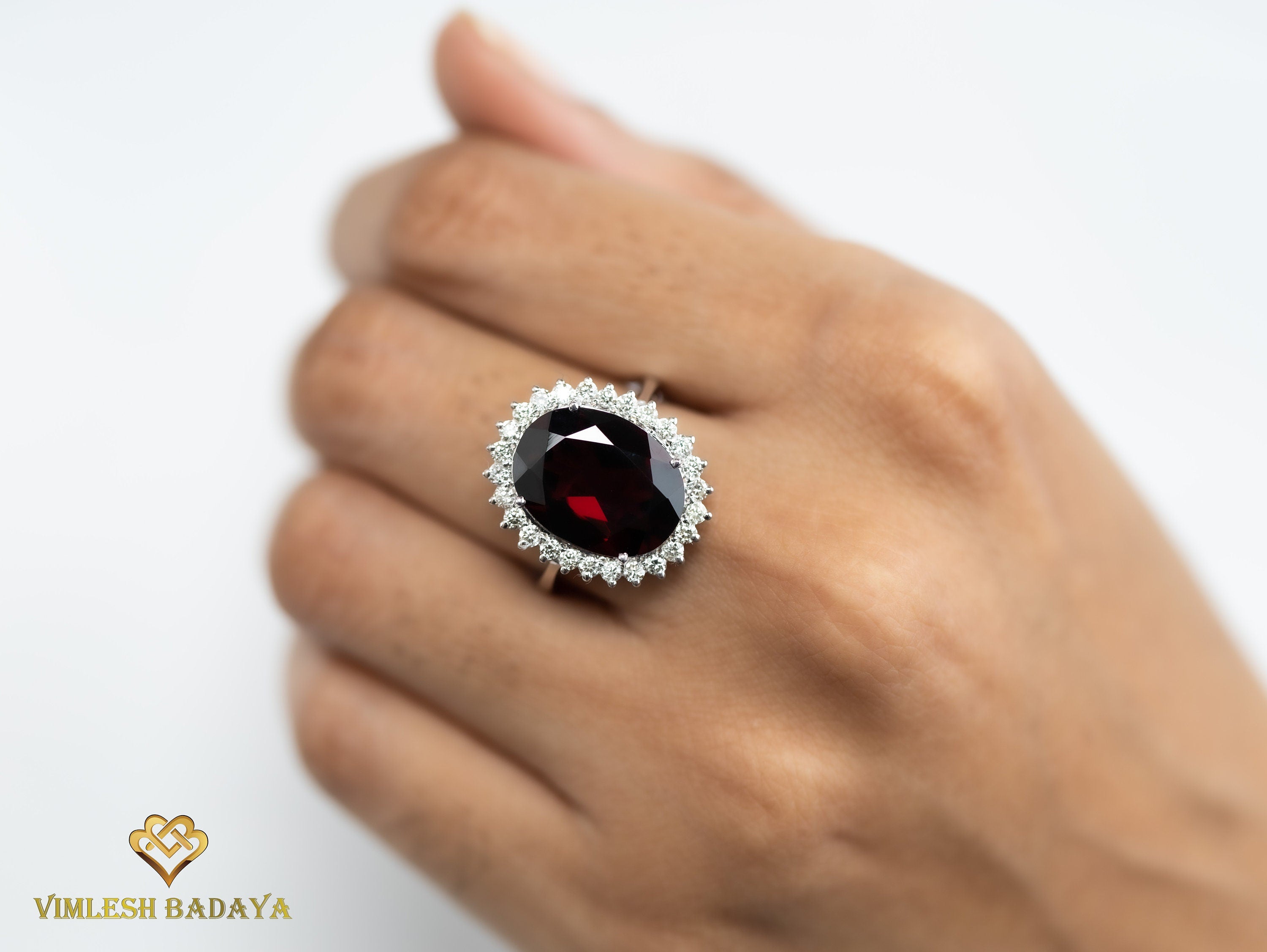 Garnet and Diamond Halo Engagement Ring | 10CT Red Garnet and Round Cut Diamonds -