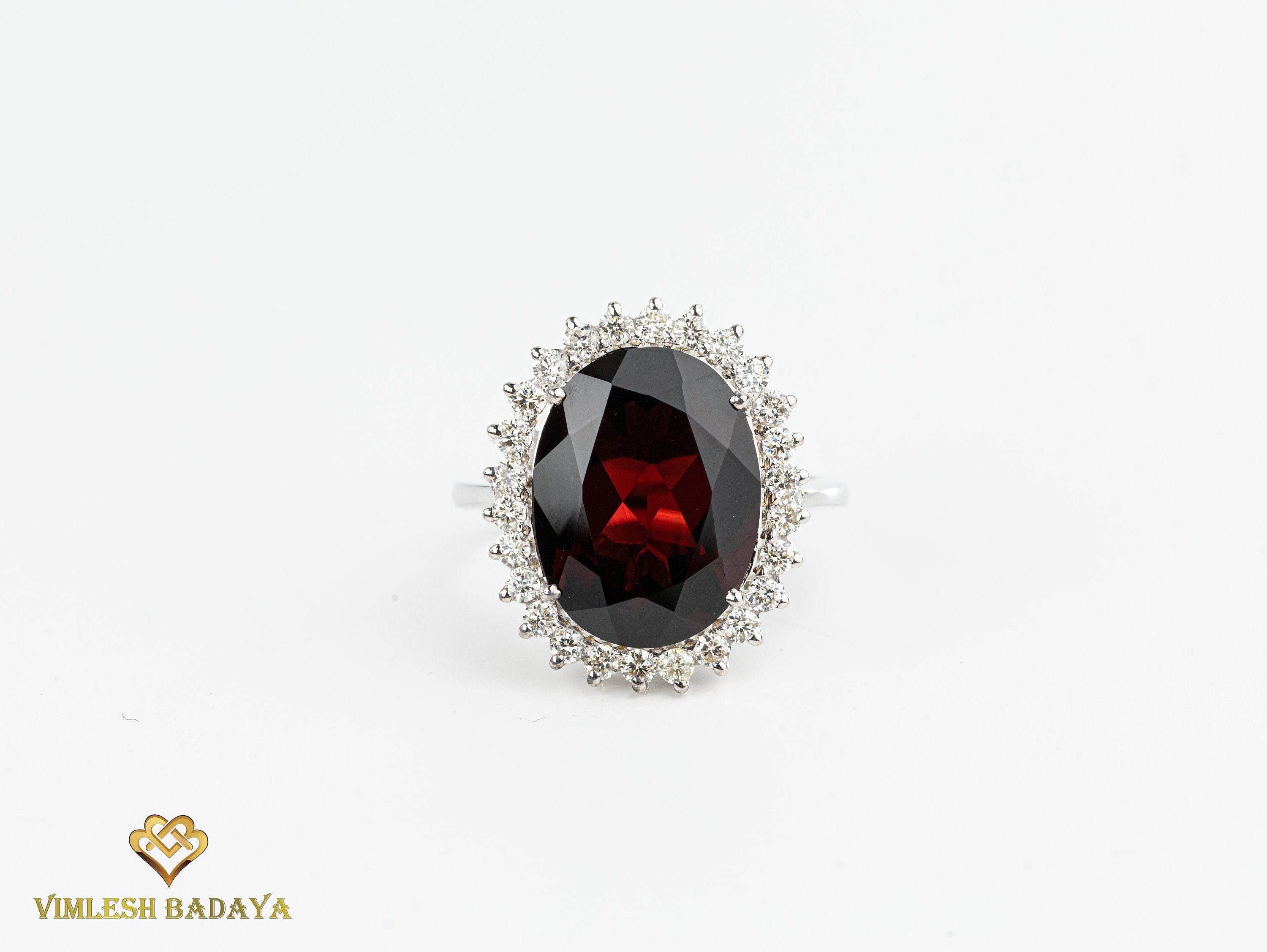 Garnet and Diamond Halo Engagement Ring | 10CT Red Garnet and Round Cut Diamonds -