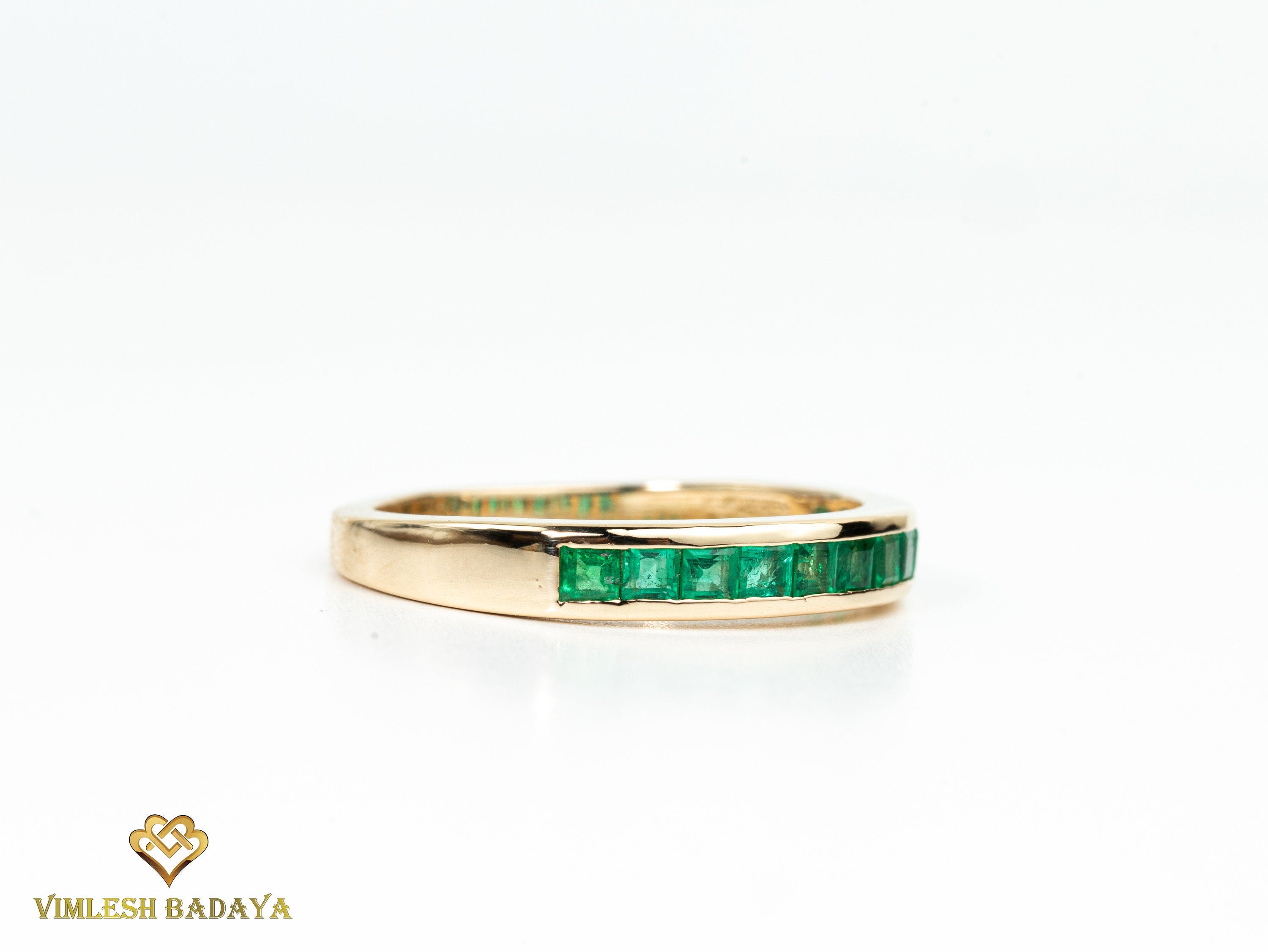 Princess Cut Emerald Wedding Ring | Zambian Emerald Half Eternity Band | May Birthstone Ring -