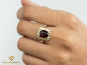 Garnet and Diamond Halo Engagement Ring | 3.8CT Red Garnet and Baguette Cut Diamonds -