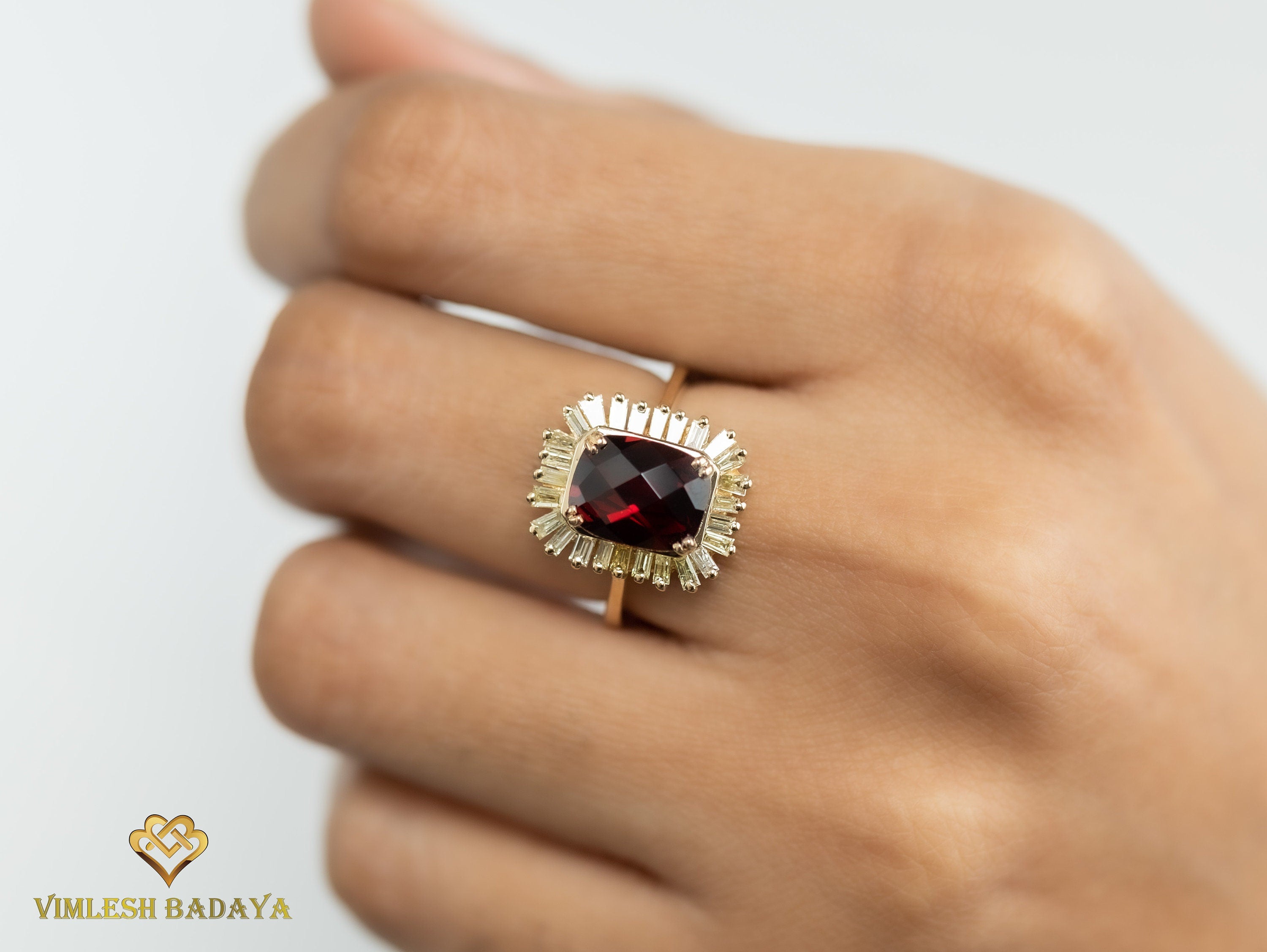 Garnet and Diamond Halo Engagement Ring | 3.8CT Red Garnet and Baguette Cut Diamonds -