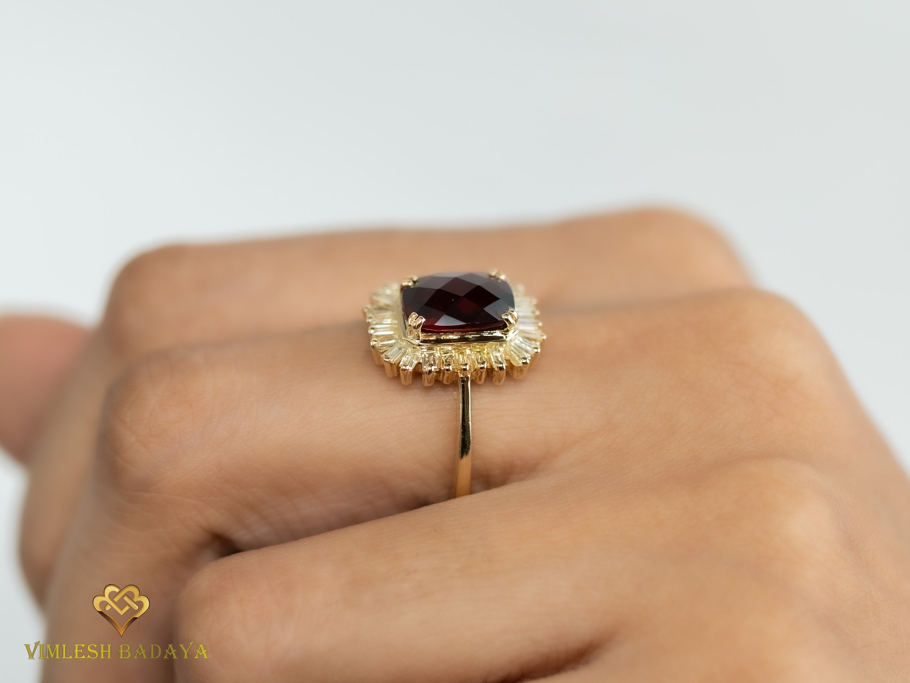Garnet and Diamond Halo Engagement Ring | 3.8CT Red Garnet and Baguette Cut Diamonds -