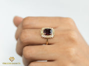 Garnet and Diamond Halo Engagement Ring | 3.8CT Red Garnet and Baguette Cut Diamonds -