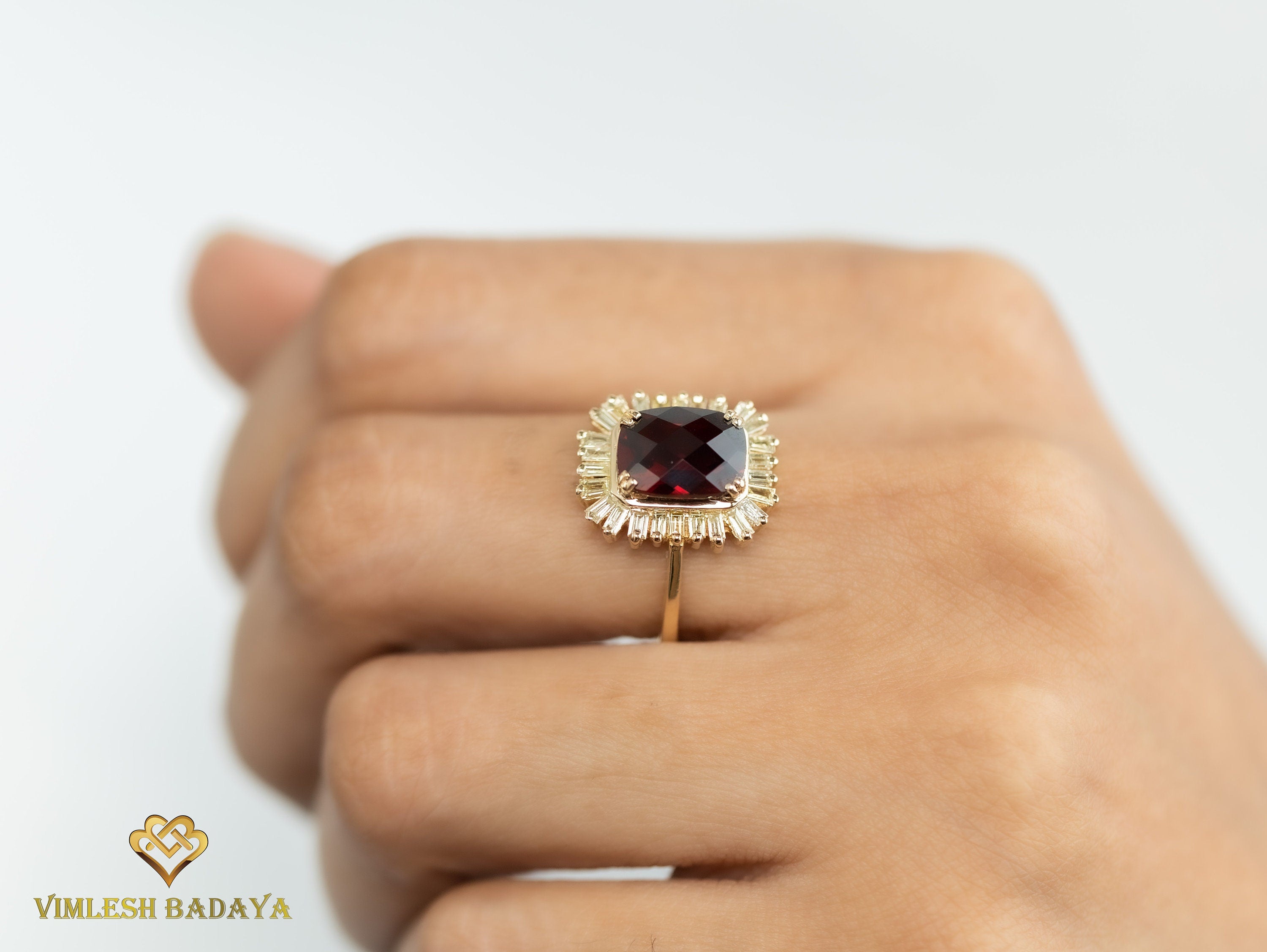 Garnet and Diamond Halo Engagement Ring | 3.8CT Red Garnet and Baguette Cut Diamonds -