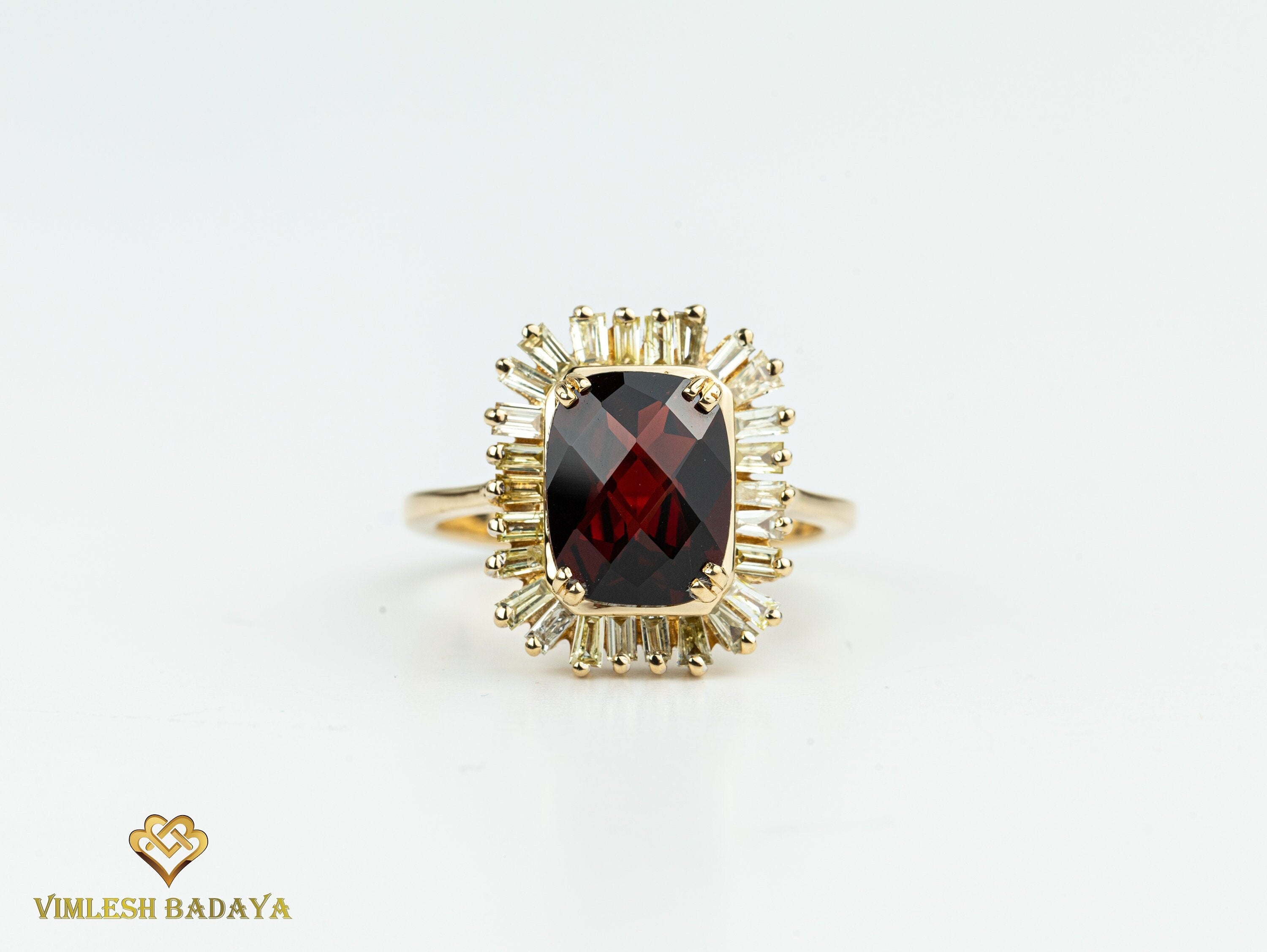 Garnet and Diamond Halo Engagement Ring | 3.8CT Red Garnet and Baguette Cut Diamonds -
