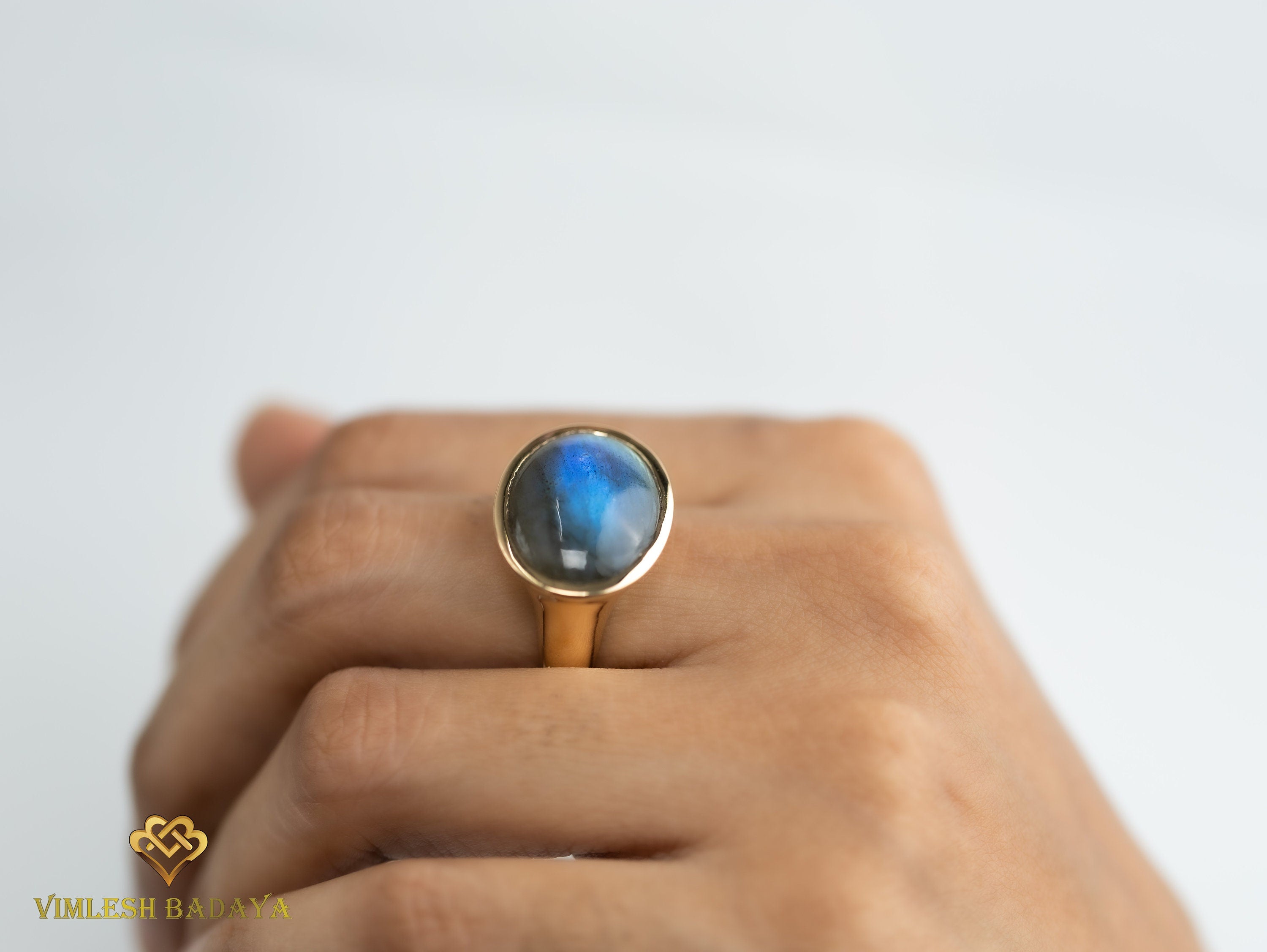 Labradorite Signet Ring | Solid Gold Men’s Unisex Signet Ring | Father’s Day Gift -