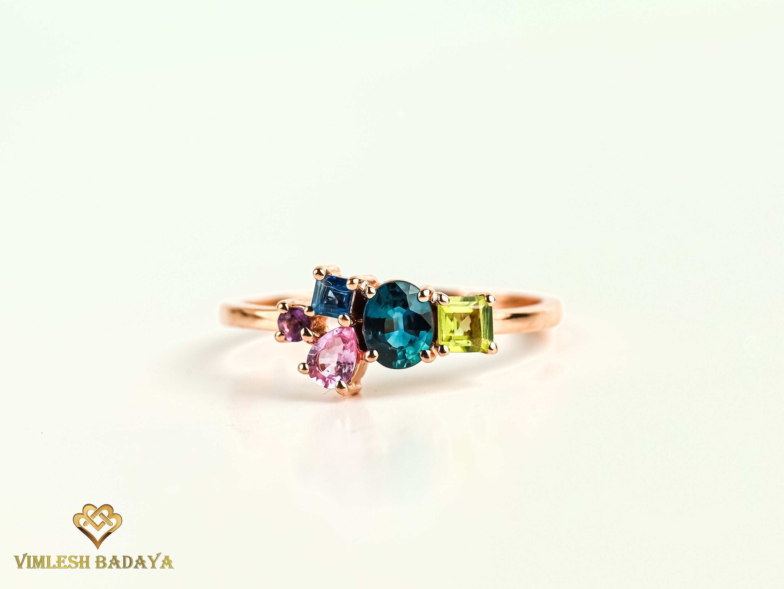 Teal Sapphire Cluster Engagement Ring | Pink Sapphire & Amethyst Gold Ring | Handmade Gift -