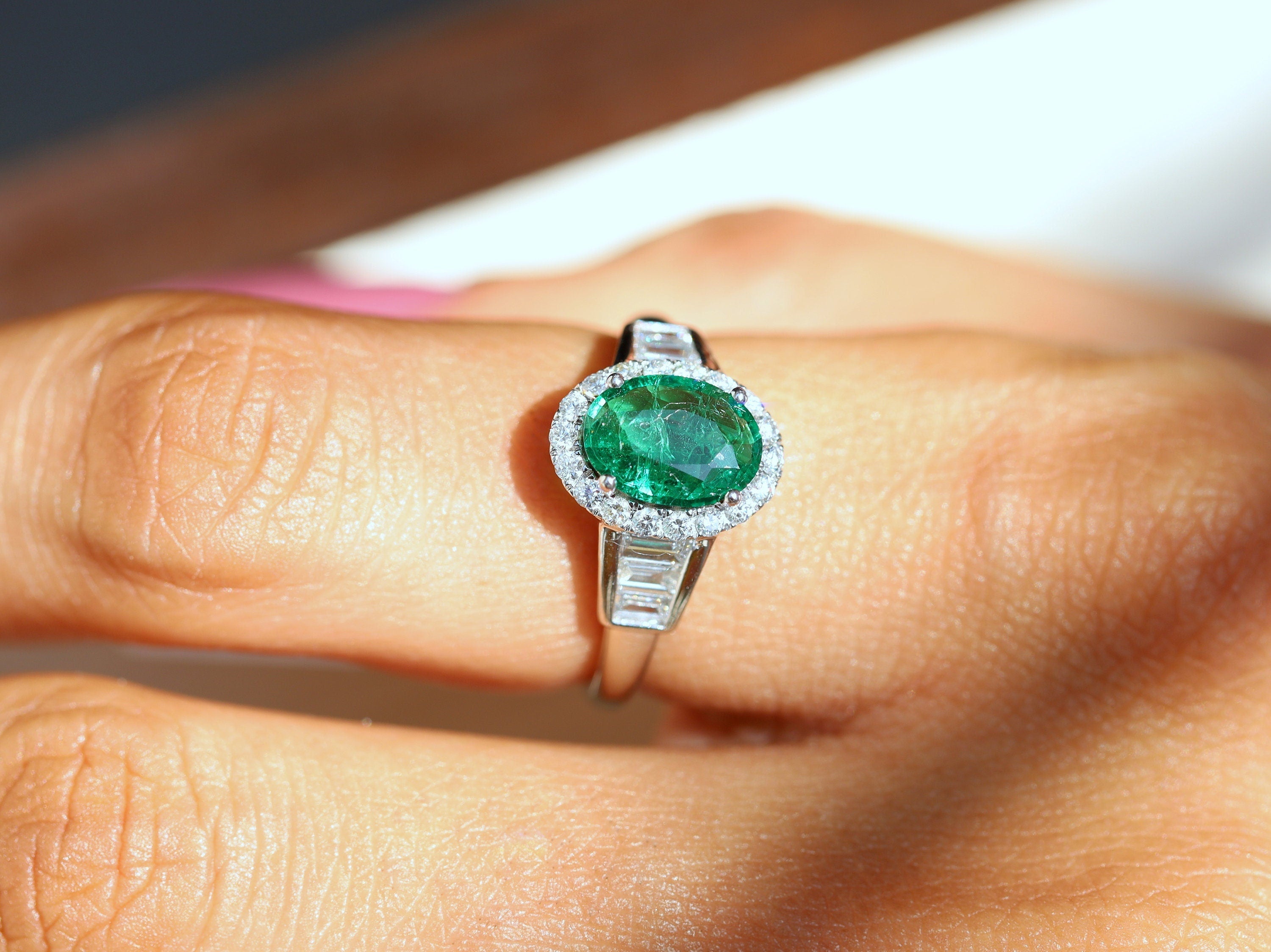 1 CT Emerald Diamond Engagement Ring | Art Deco Oval Emerald Ring | Baguette Diamond Ring -