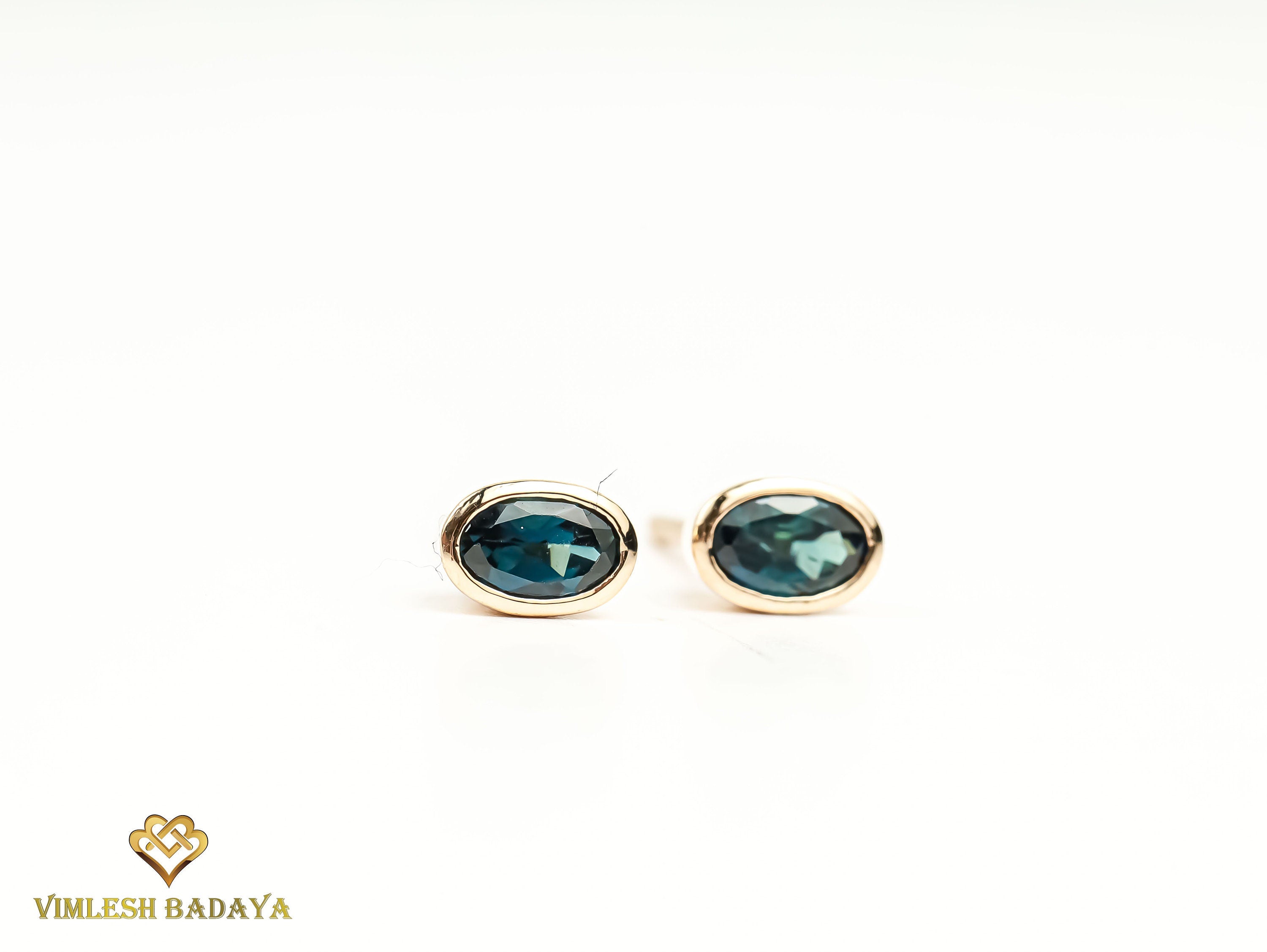 Natural Teal Sapphire Earrings | Solid Gold Sapphire Studs | Oval Cut Australian Peacock Sapphire Earrings | Gift for Her -
