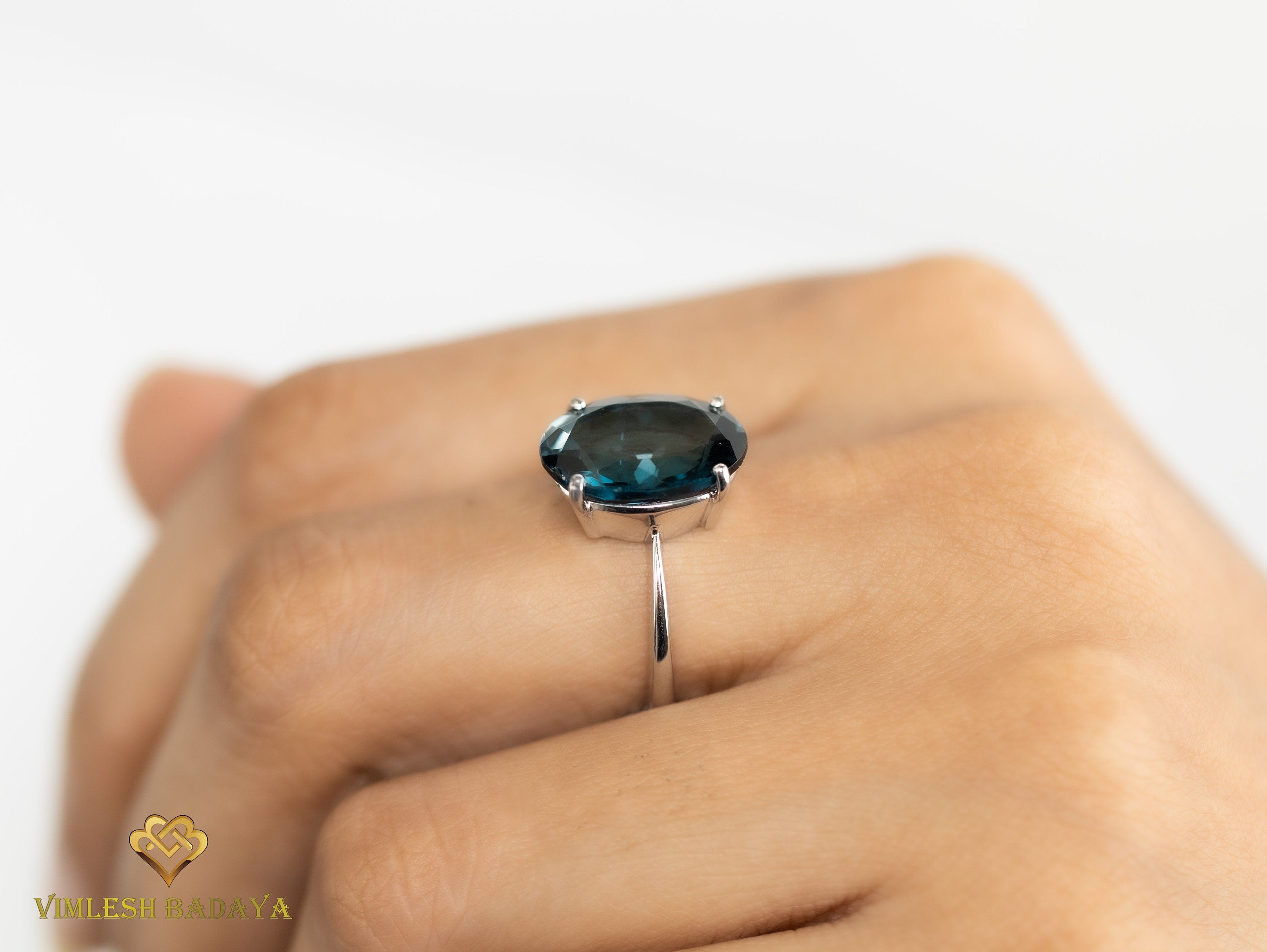 7CT London Blue Topaz Solitaire Engagement Ring | Oval Topaz Statement Ring -